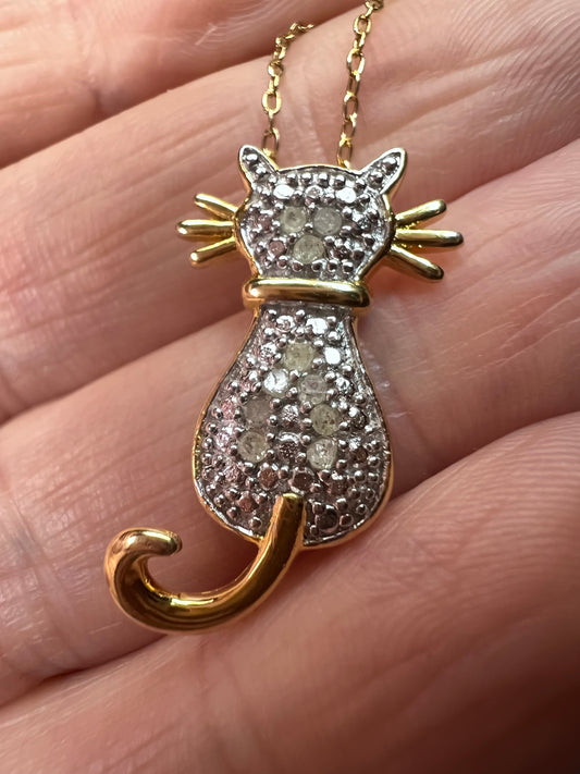 White Diamond 14k Yellow Gold Over Sterling Silver Cat Pendant With Chain 0.10ctw