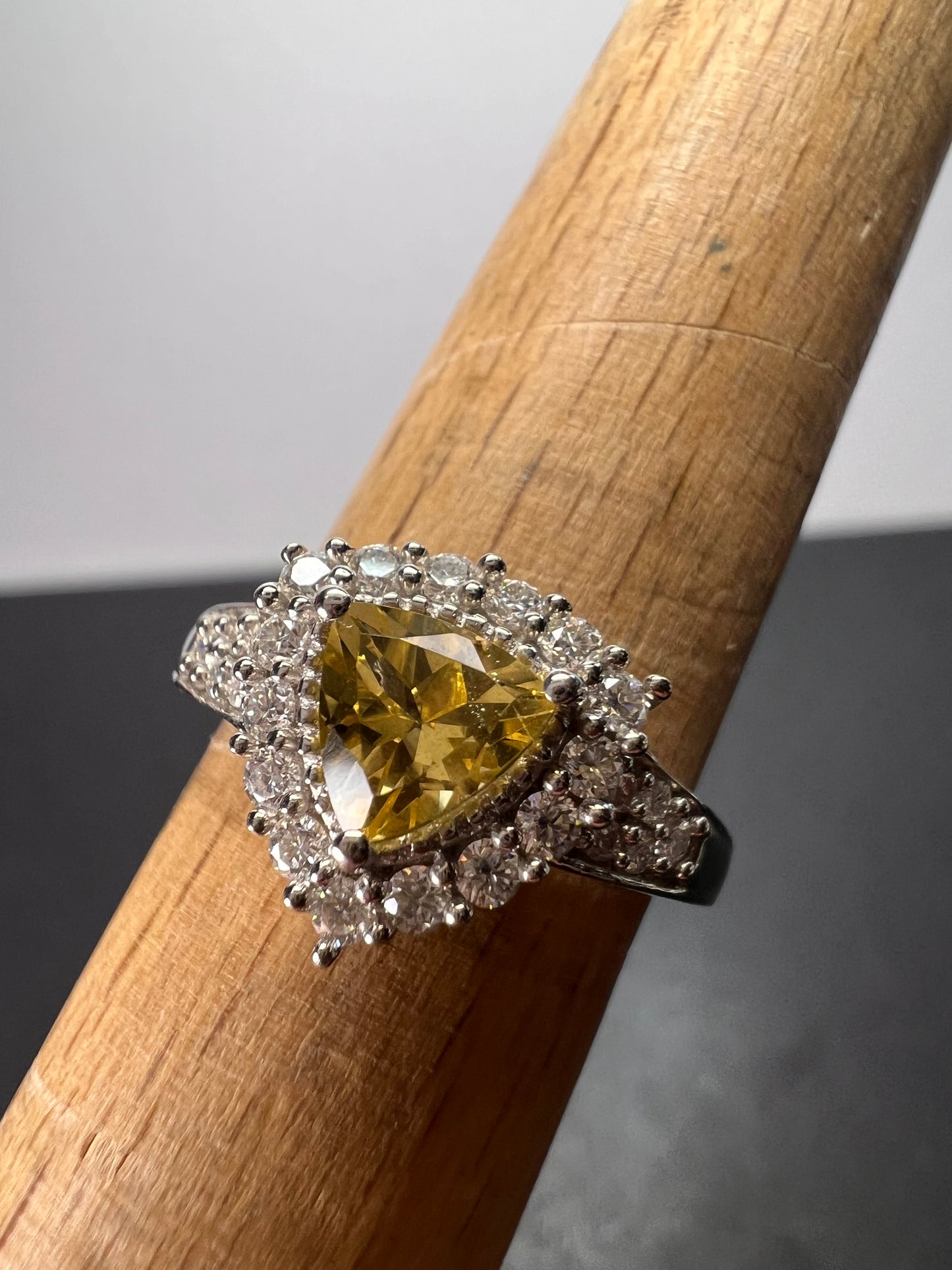 NEW yellow beryl and moissanite halo ring in platinum over sterling silver-size 7