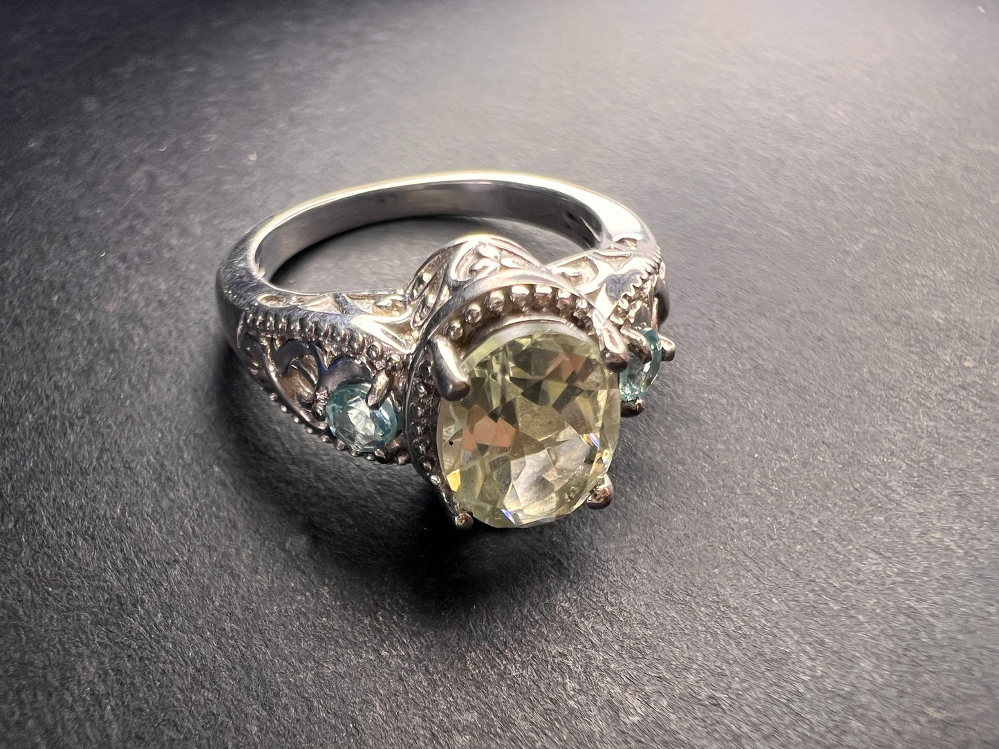 Prasiolite and apatite ring in platinum over copper size 8