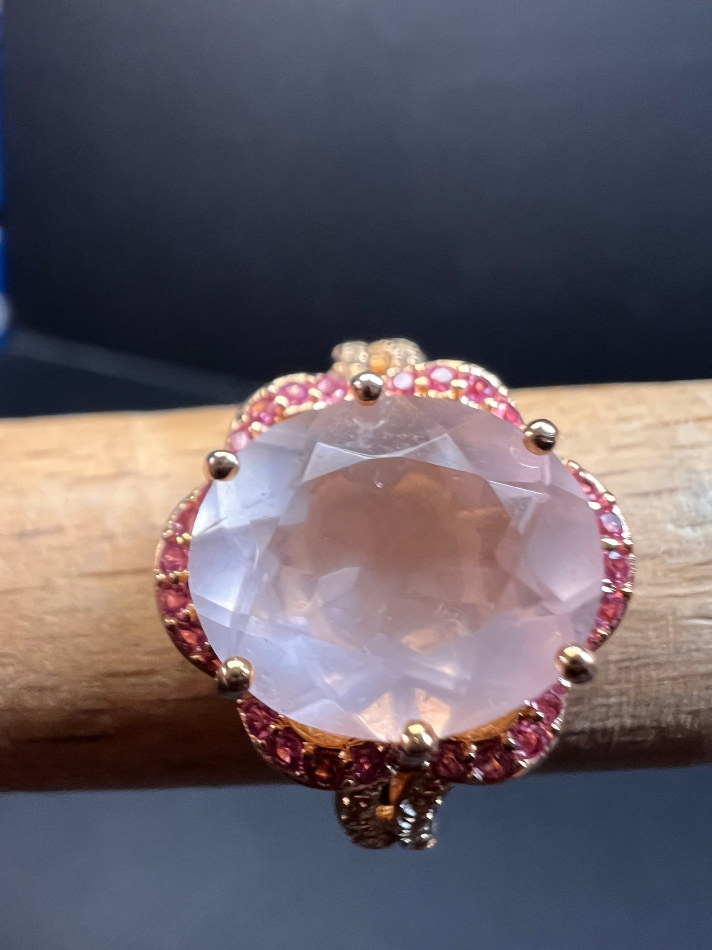 NEW Rose Quartz and lab pink sapphire rose gold over sterling silver ring size 8
