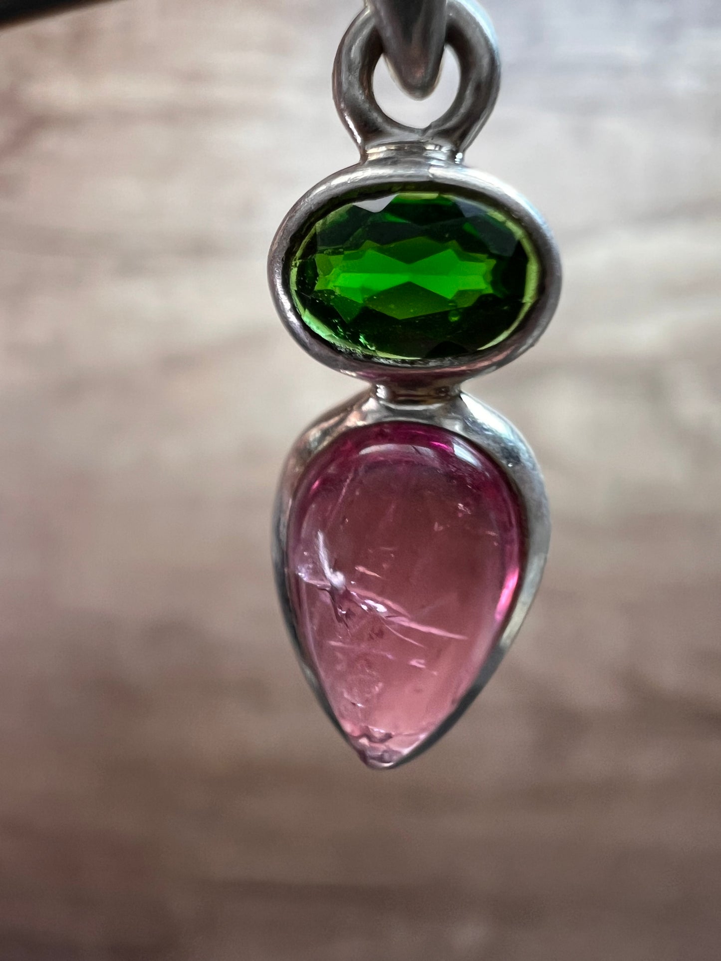 NEW Pink tourmaline and chrome diopside sterling silver pendant 1.75 grams