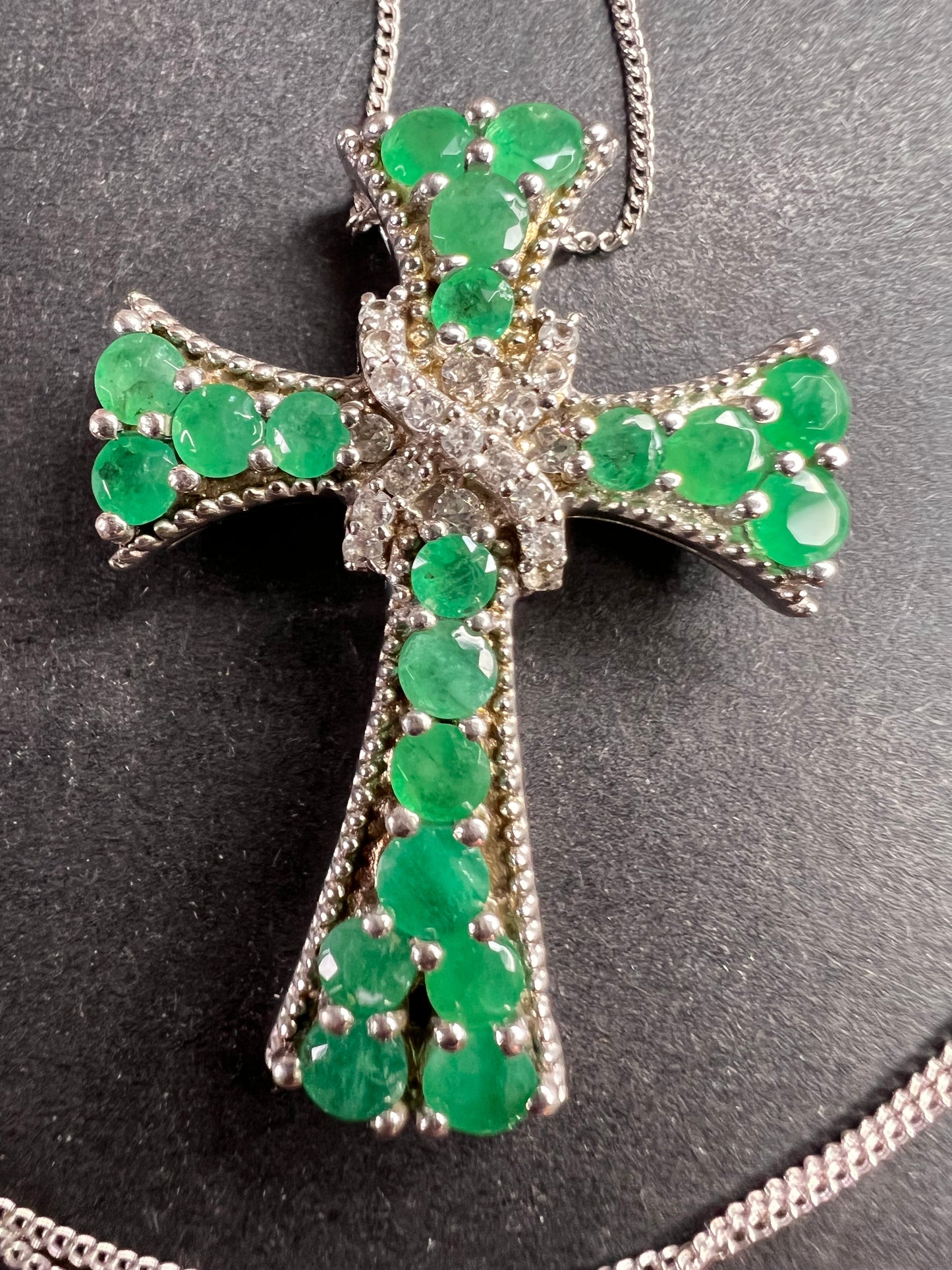 Emerald and zircon sterling silver cross pendant with 20 inch chain