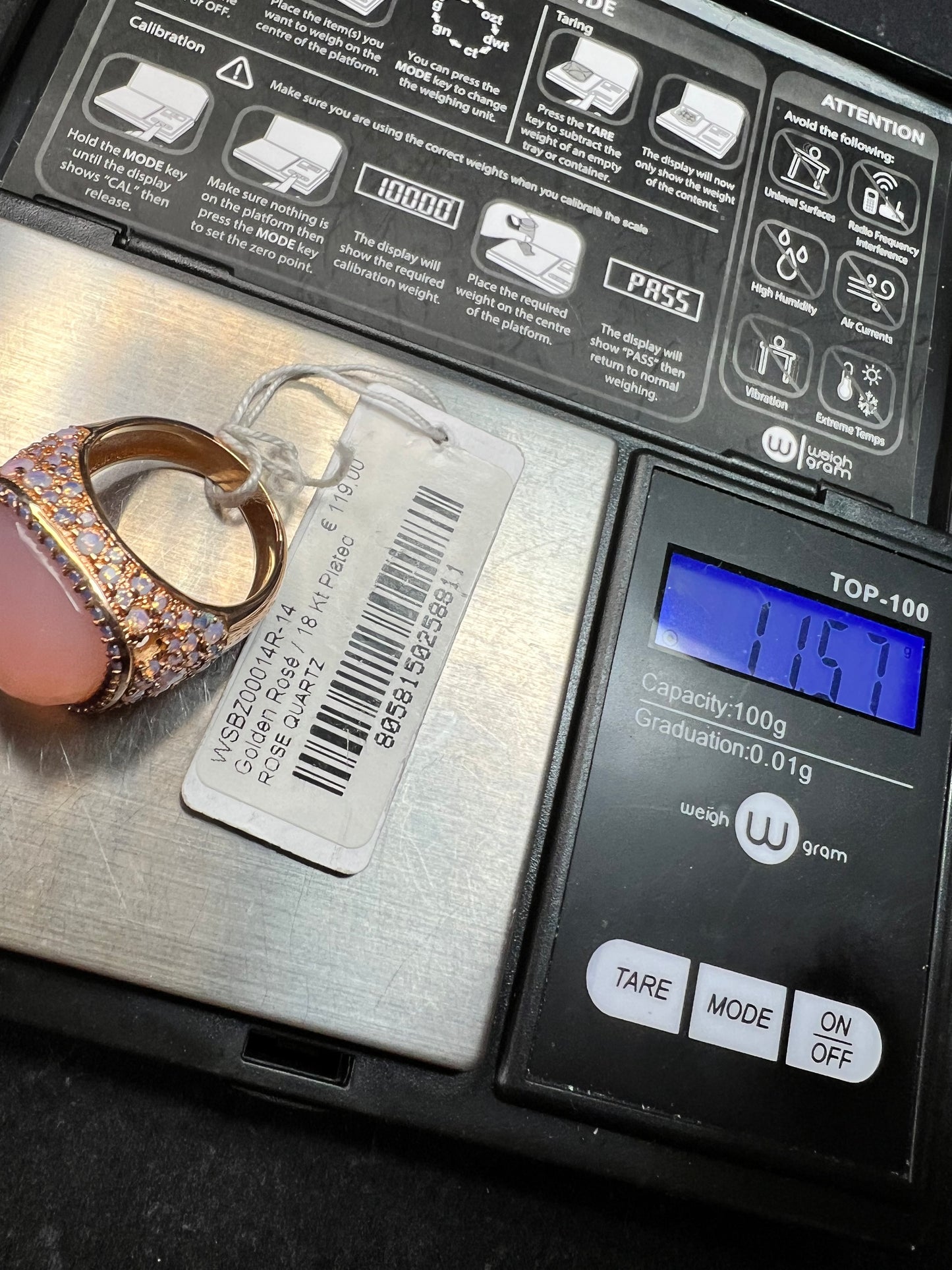 Pink Chalcedony Statement Ring 18K Rose Gold Plated Size 7.5 NWT