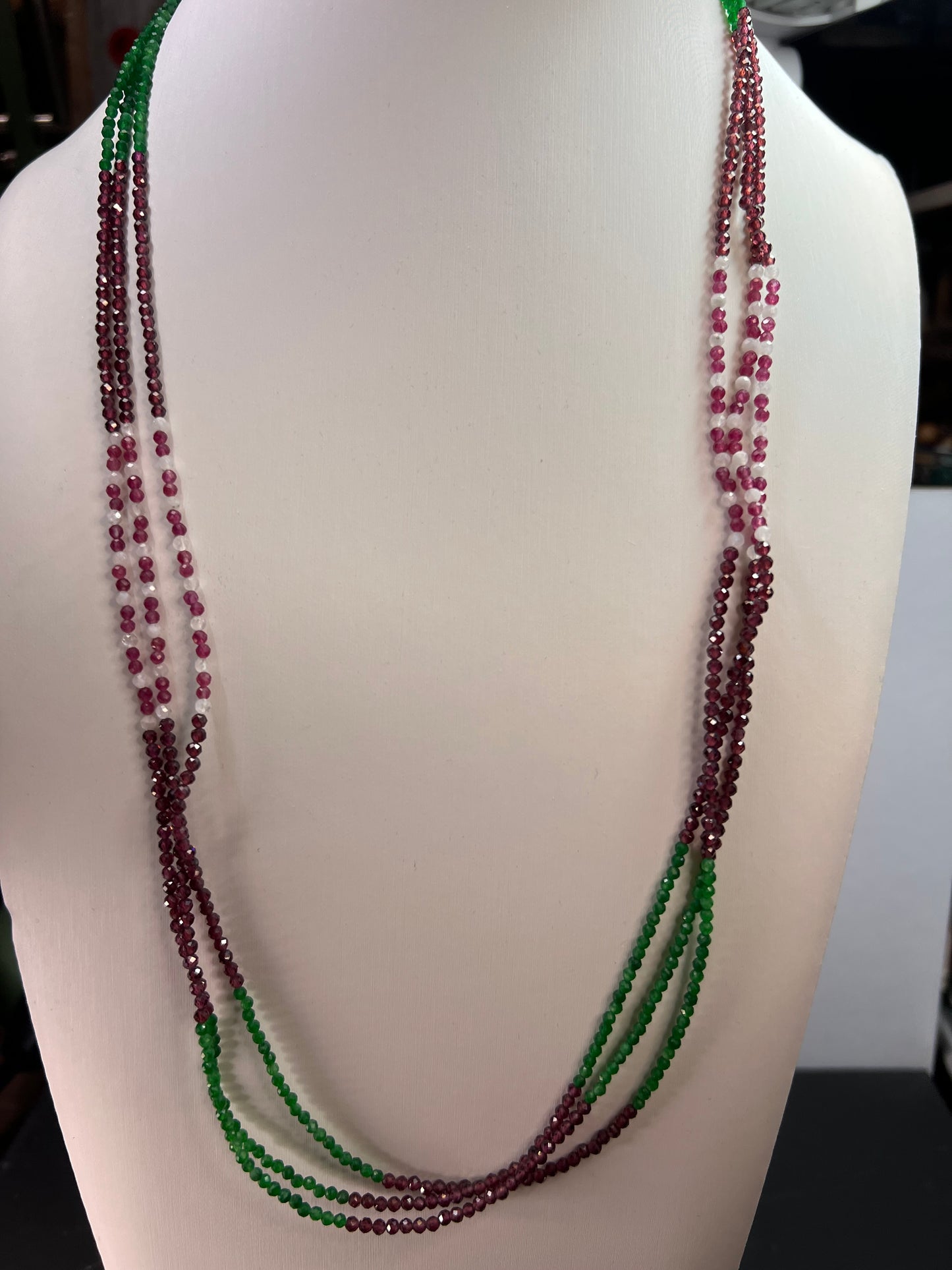 Emerald multi stone three strand necklace 25”