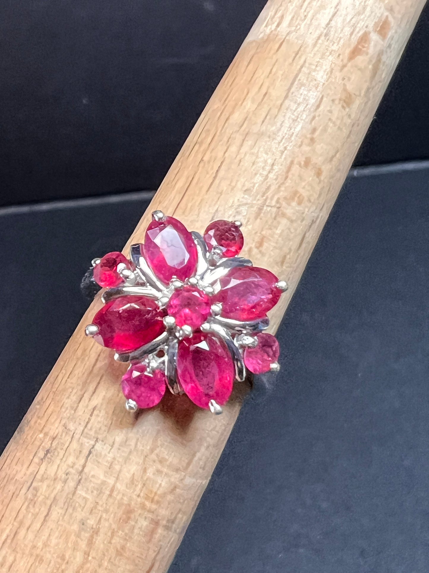 Vintage ruby flower cluster sterling silver ring size 7
