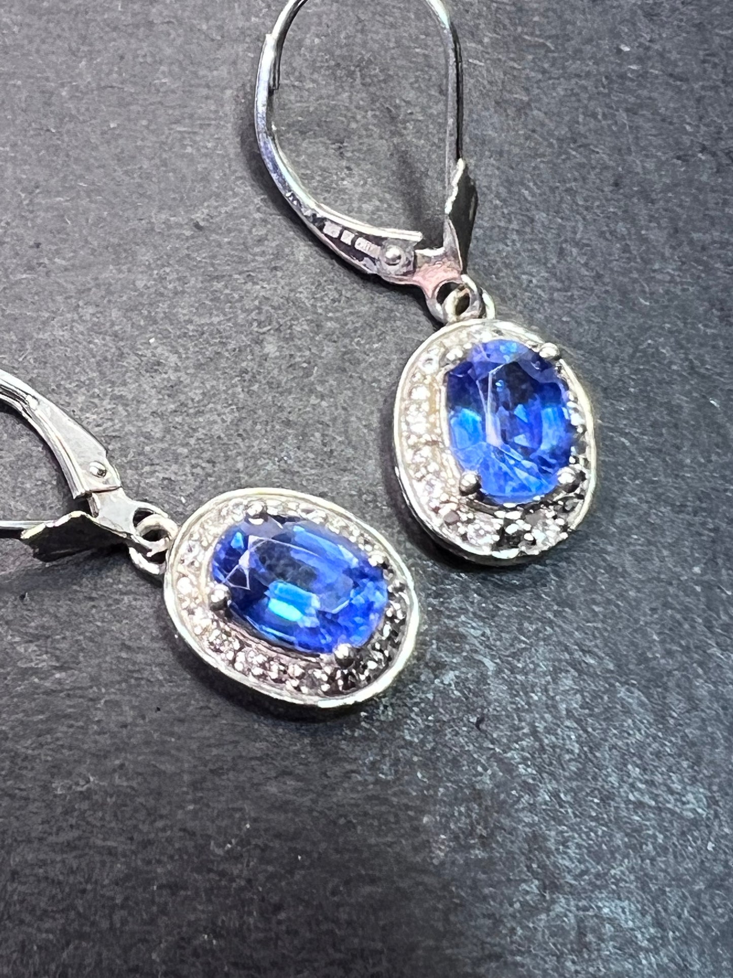 Blue kyanite sterling silver  lever back halo earrings