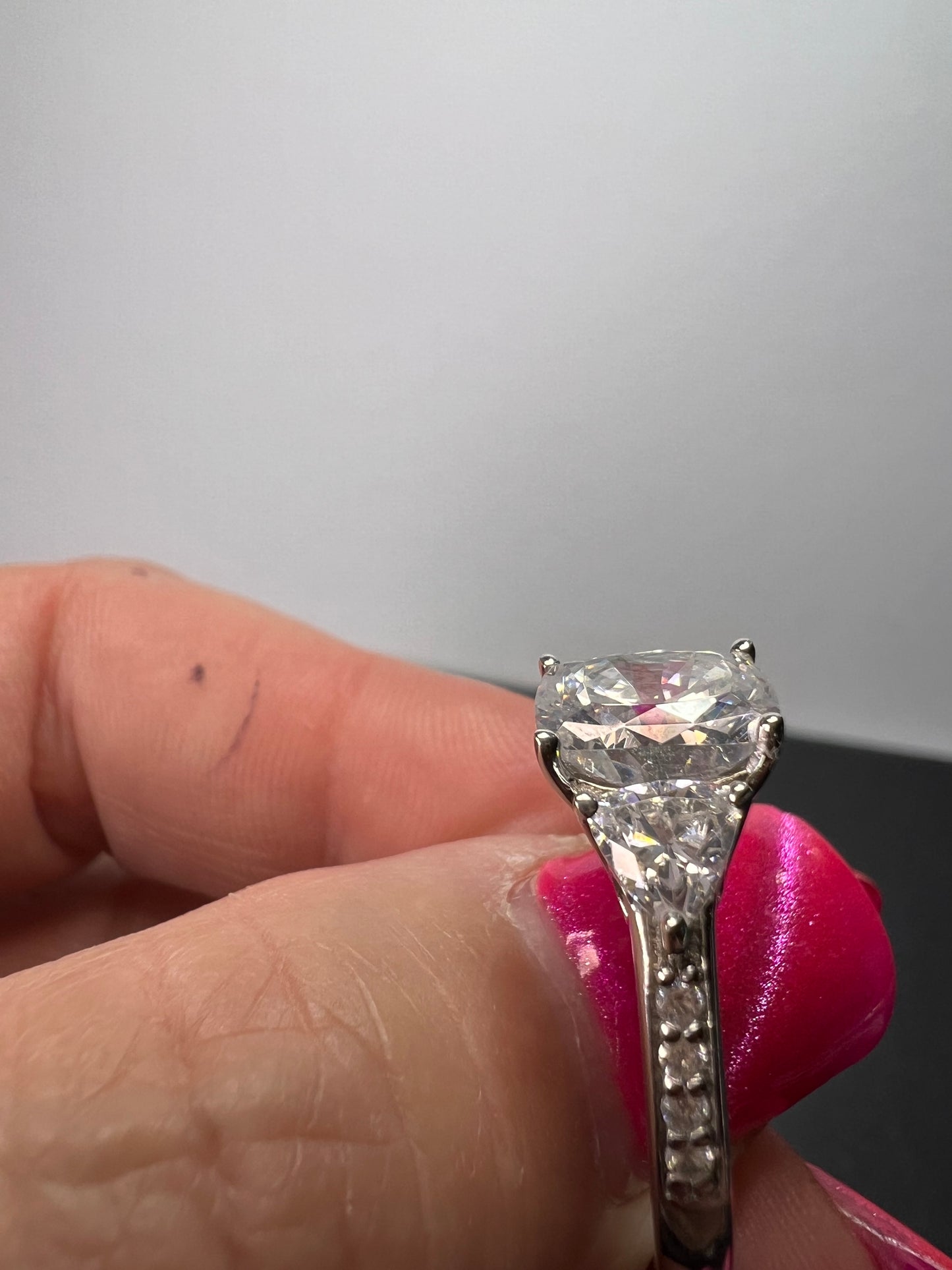 White cushion cut cubic zirconia platinum over sterling silver ring size 9