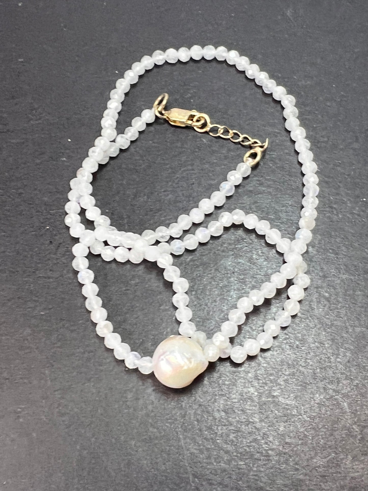 Rainbow moonstone and pearl necklace with sterling silver clasp