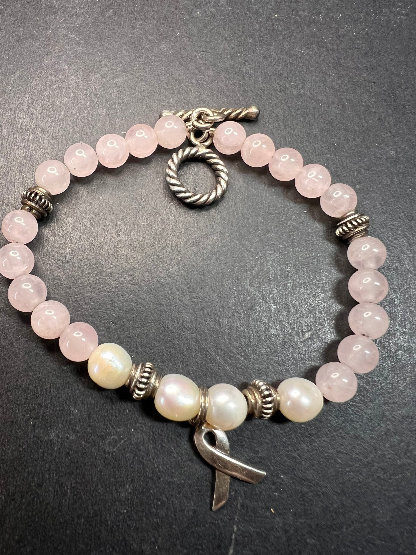 Vintage rose quartz, freshwater pearls, and sterling silver breast cancer awareness bracelet
