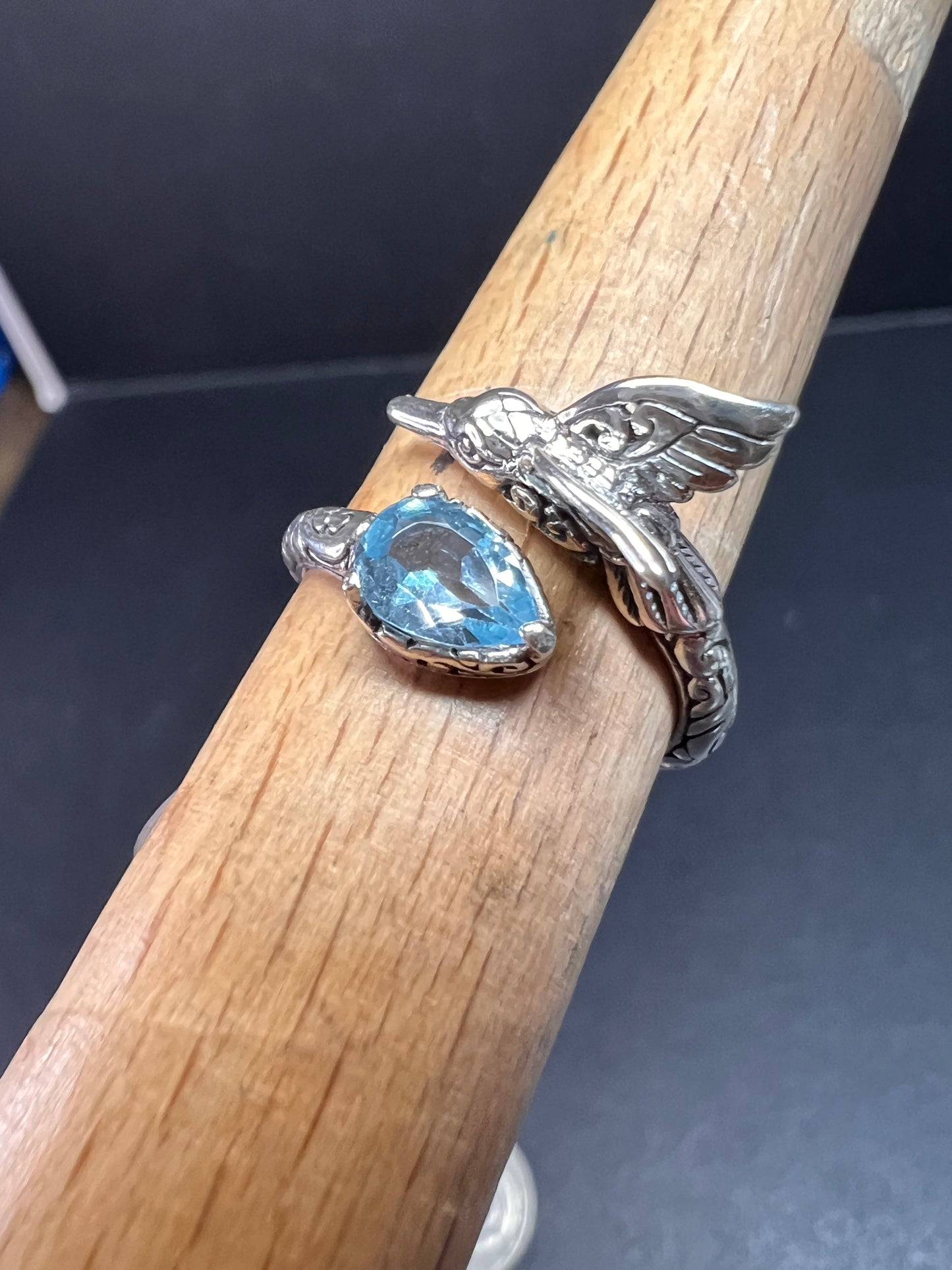 NEW Blue topaz hummingbird Bali sterling silver ring size 7