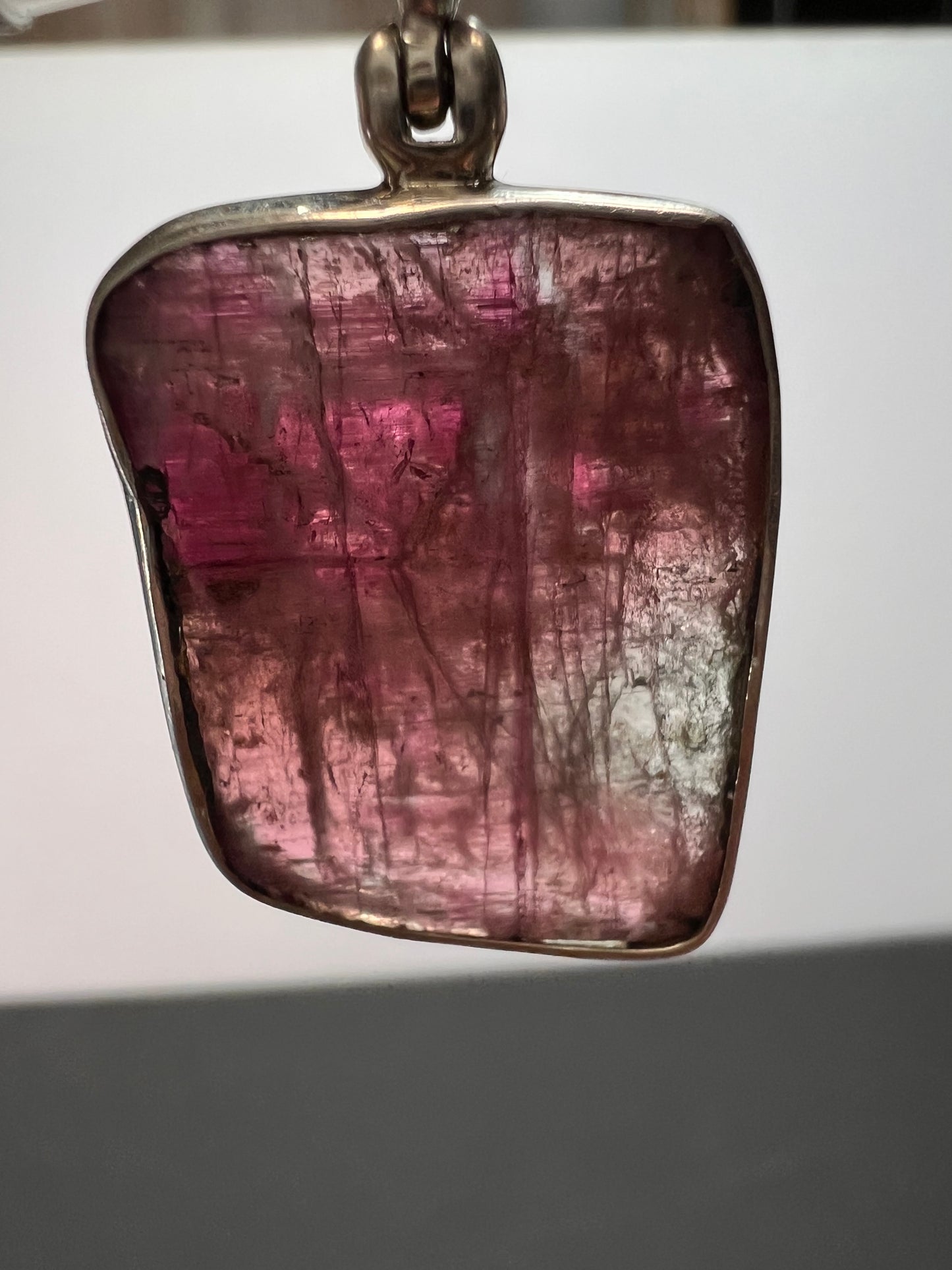 NEW Pink/ bi colored watermelon half rough tourmaline pendant in sterling silver 3.95 grams