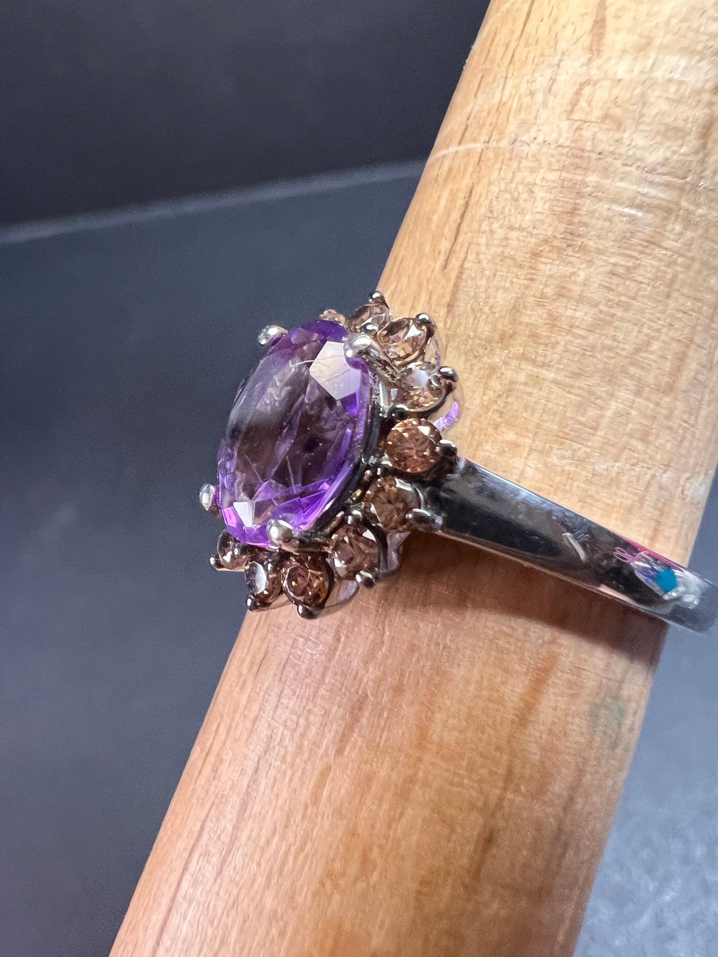 NEW Rose de France and brown zircon halo ring in platinum over sterling silver size 8