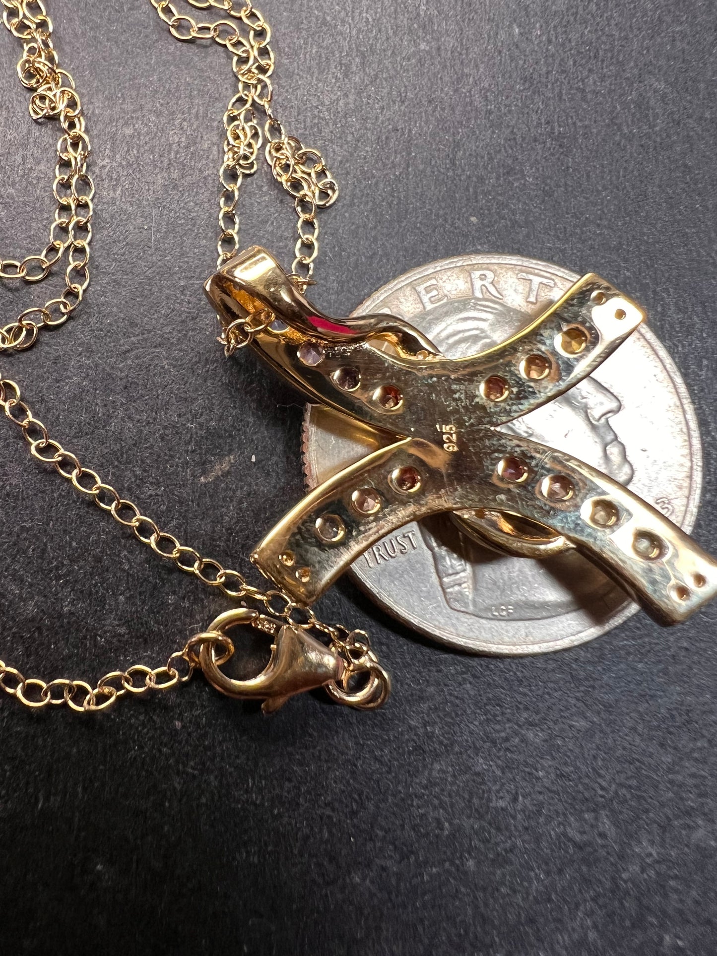 NEW Rainbow sapphire curved cross pendant and chain in gold vermeil over sterling silver