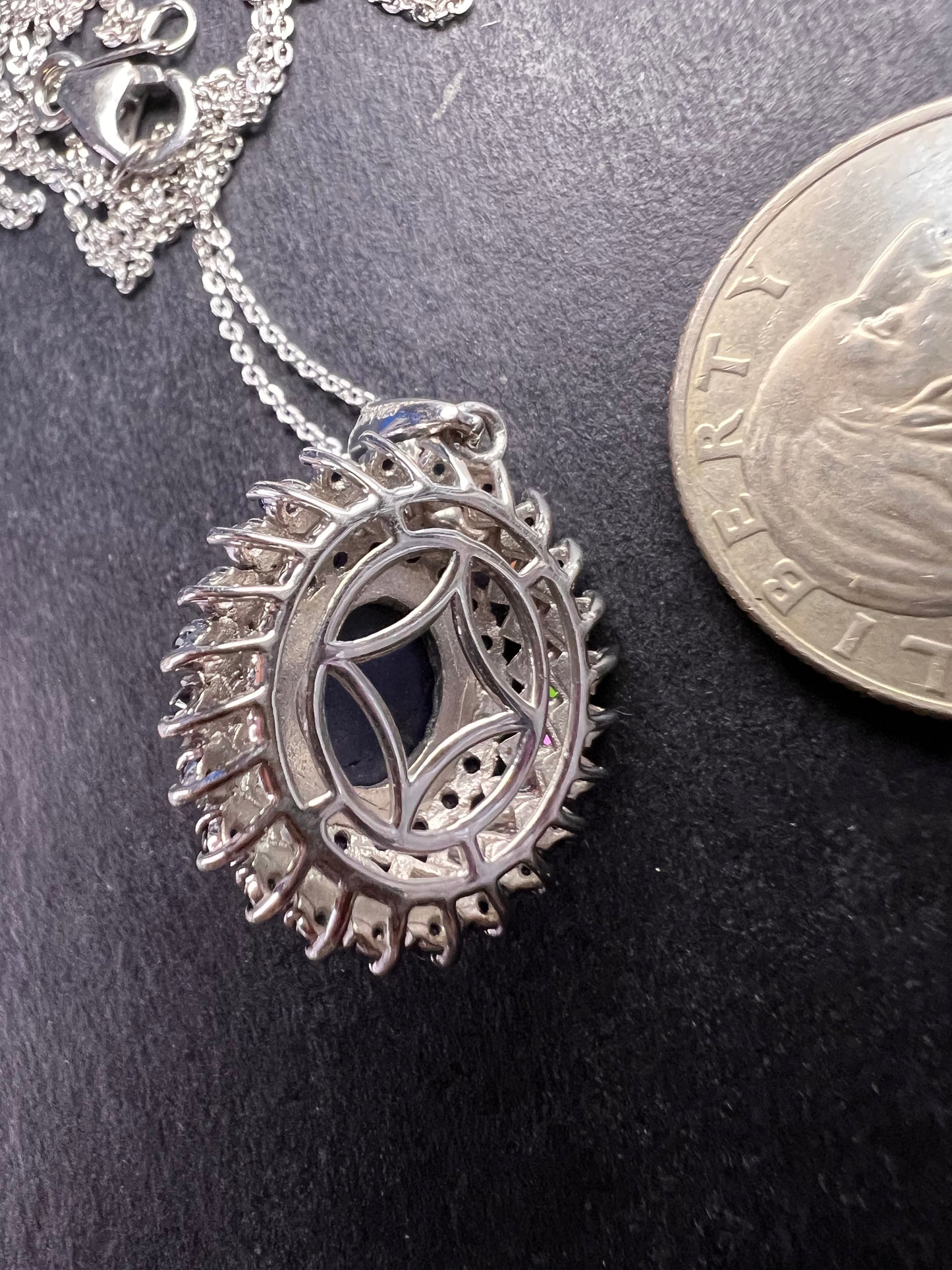 NEW Blue star sapphire and moissanite sterling silver halo pendant necklace