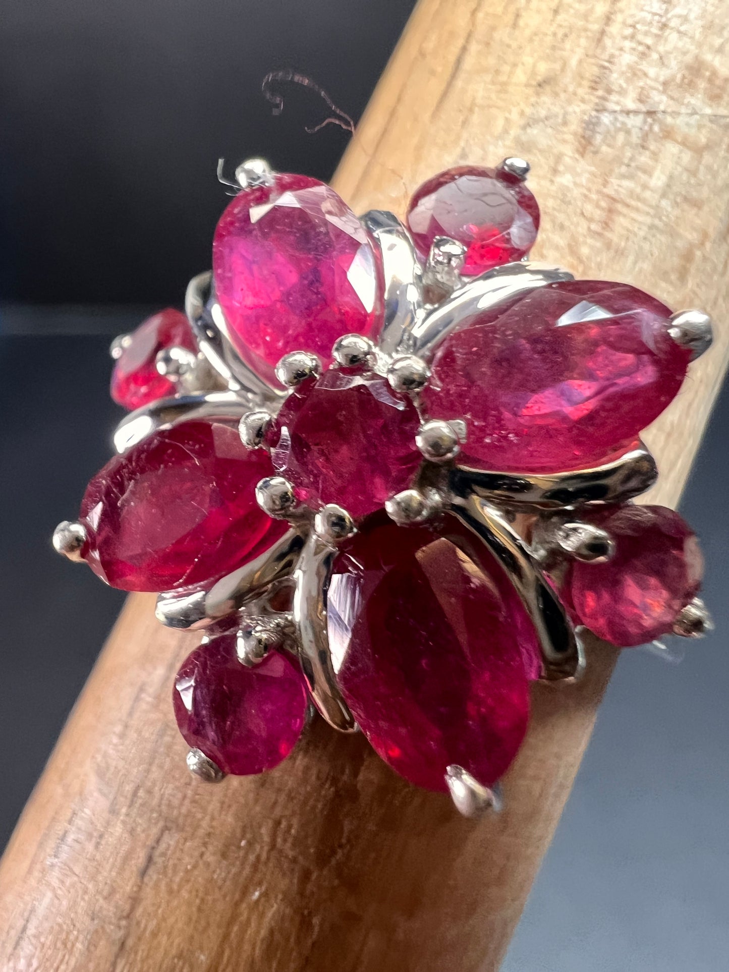 Vintage ruby flower cluster sterling silver ring size 7