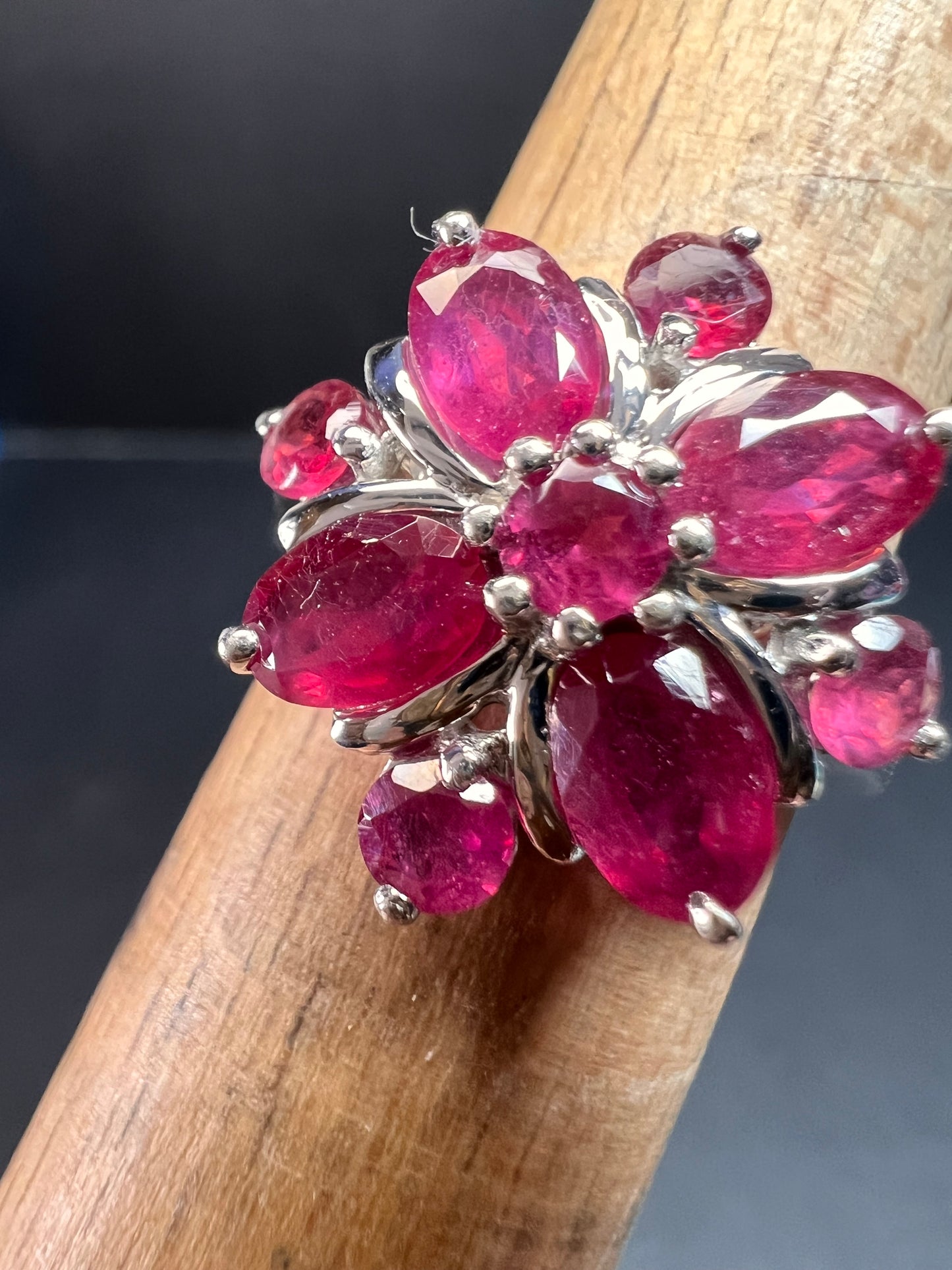 Vintage ruby flower cluster sterling silver ring size 7