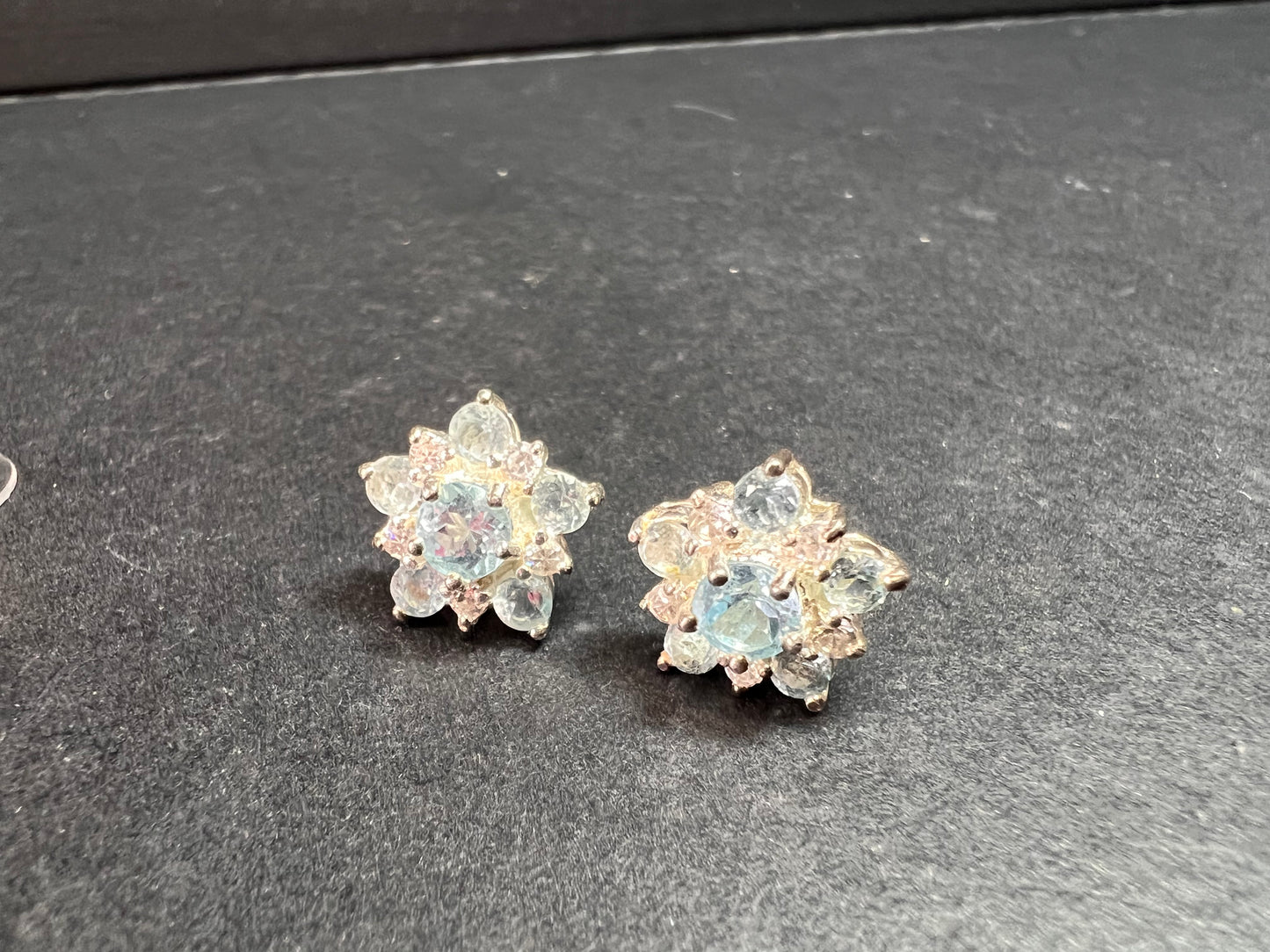 Vintage blue topaz and cz sterling silver snowflake stud earrings