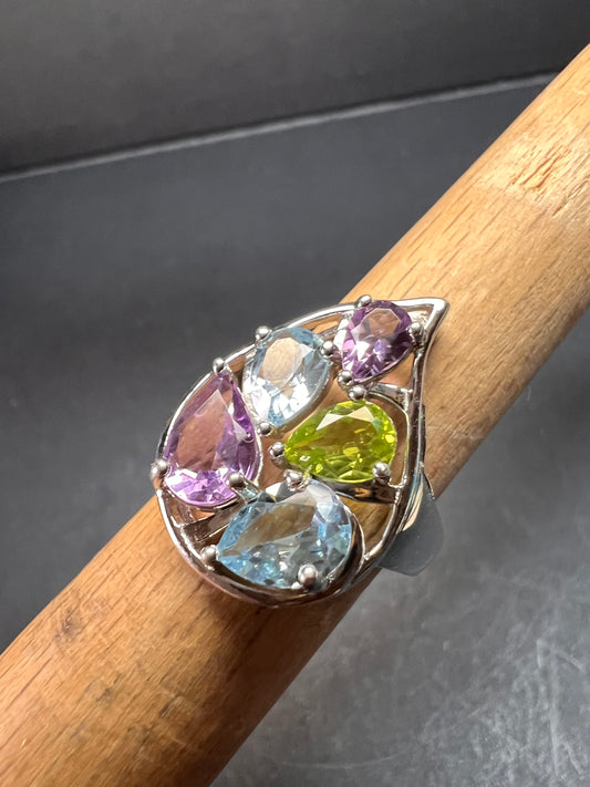 Vintage multi gemstone sterling silver cluster ring size 7