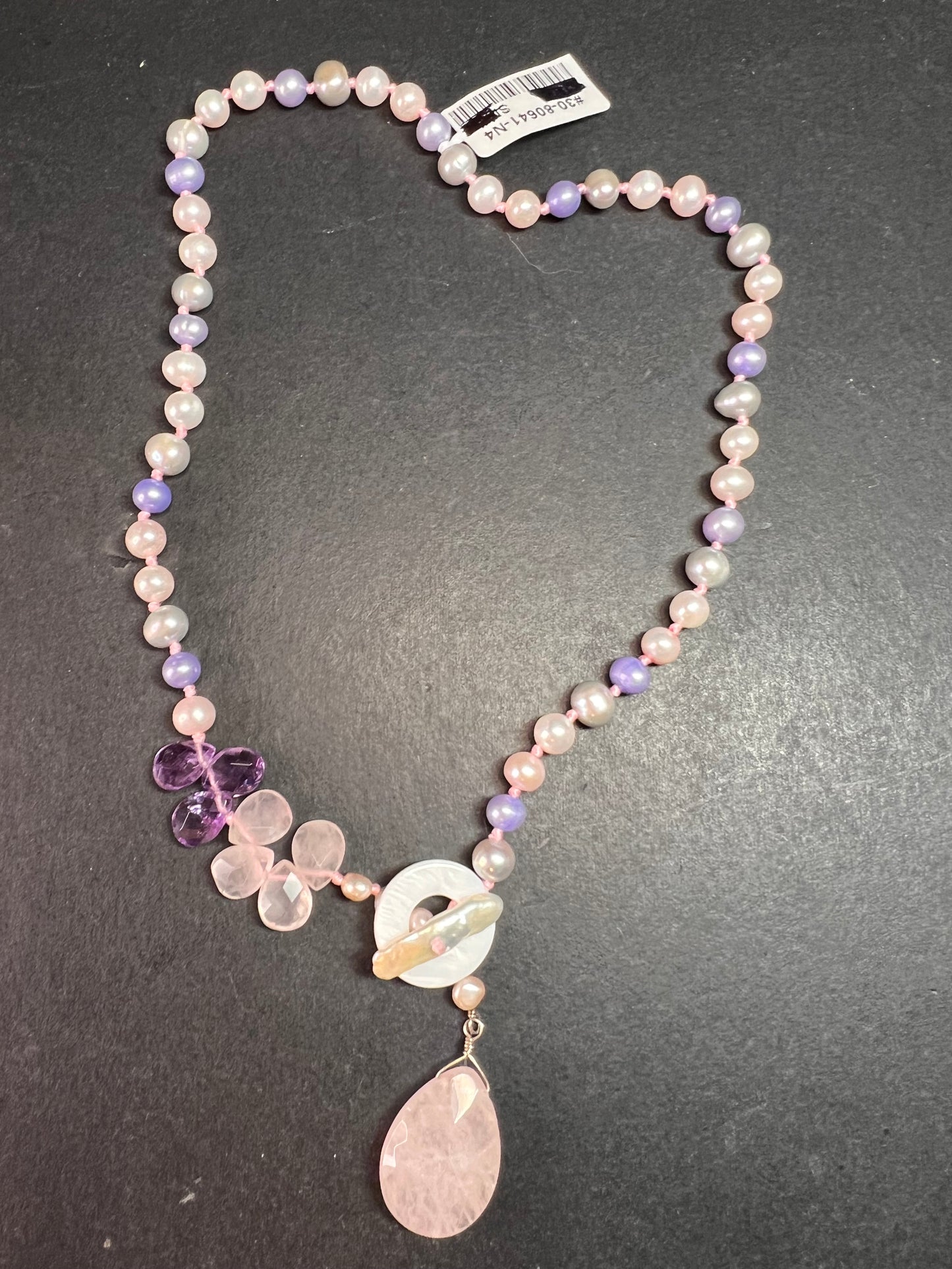 NEW multi color freshwater pearl, rose quartz and amethyst necklace