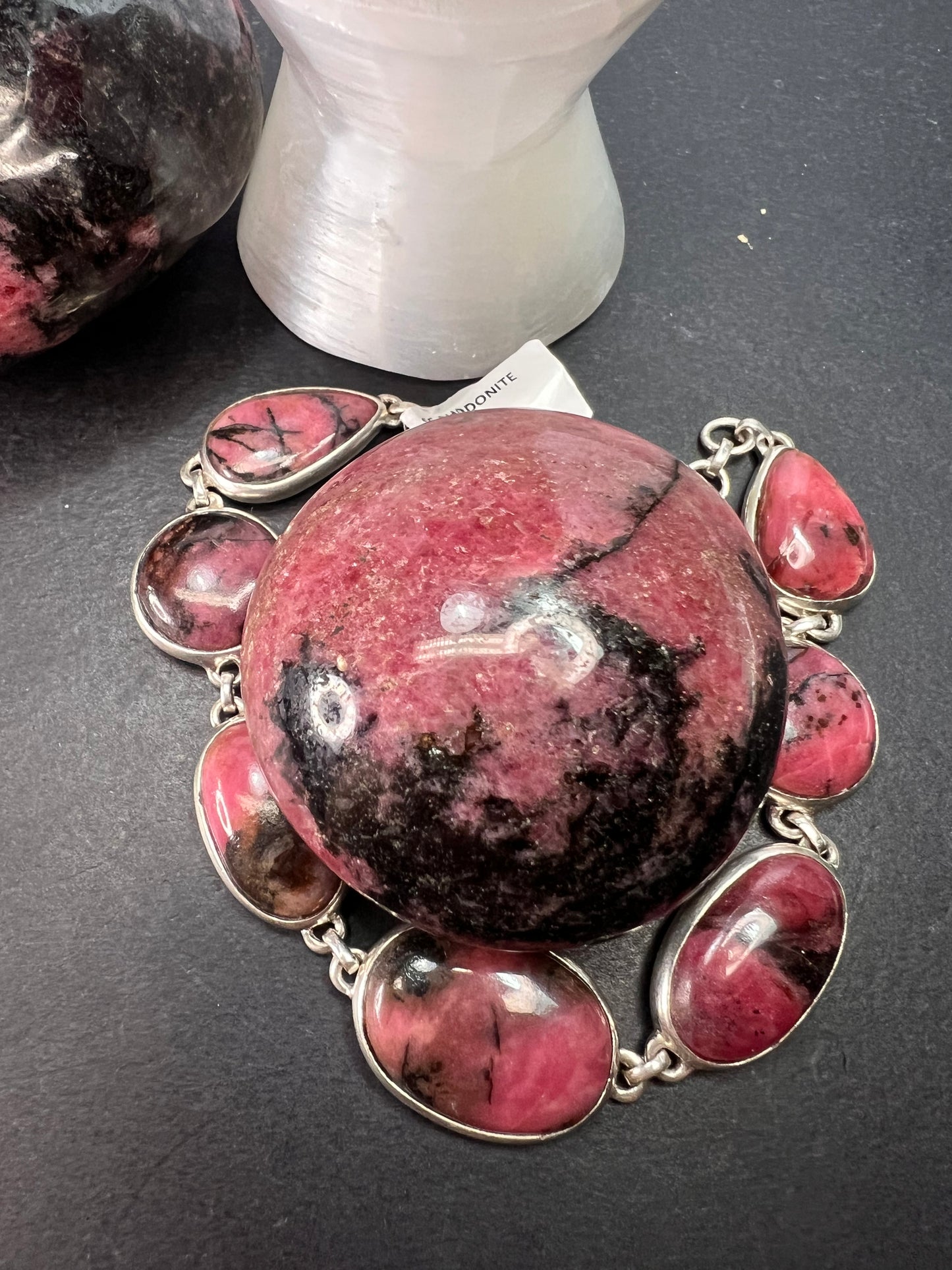 New Rhodonite free form sterling silver link bracelet 8-8.5 inch