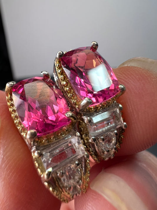 Pink tourmaline and white topaz sterling silver earrings
