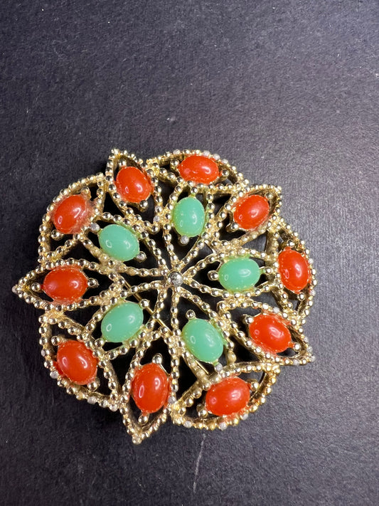 VTG Sarah Coventry Acapulco Red Green Sim Turquoise & Coral Brooch Pin