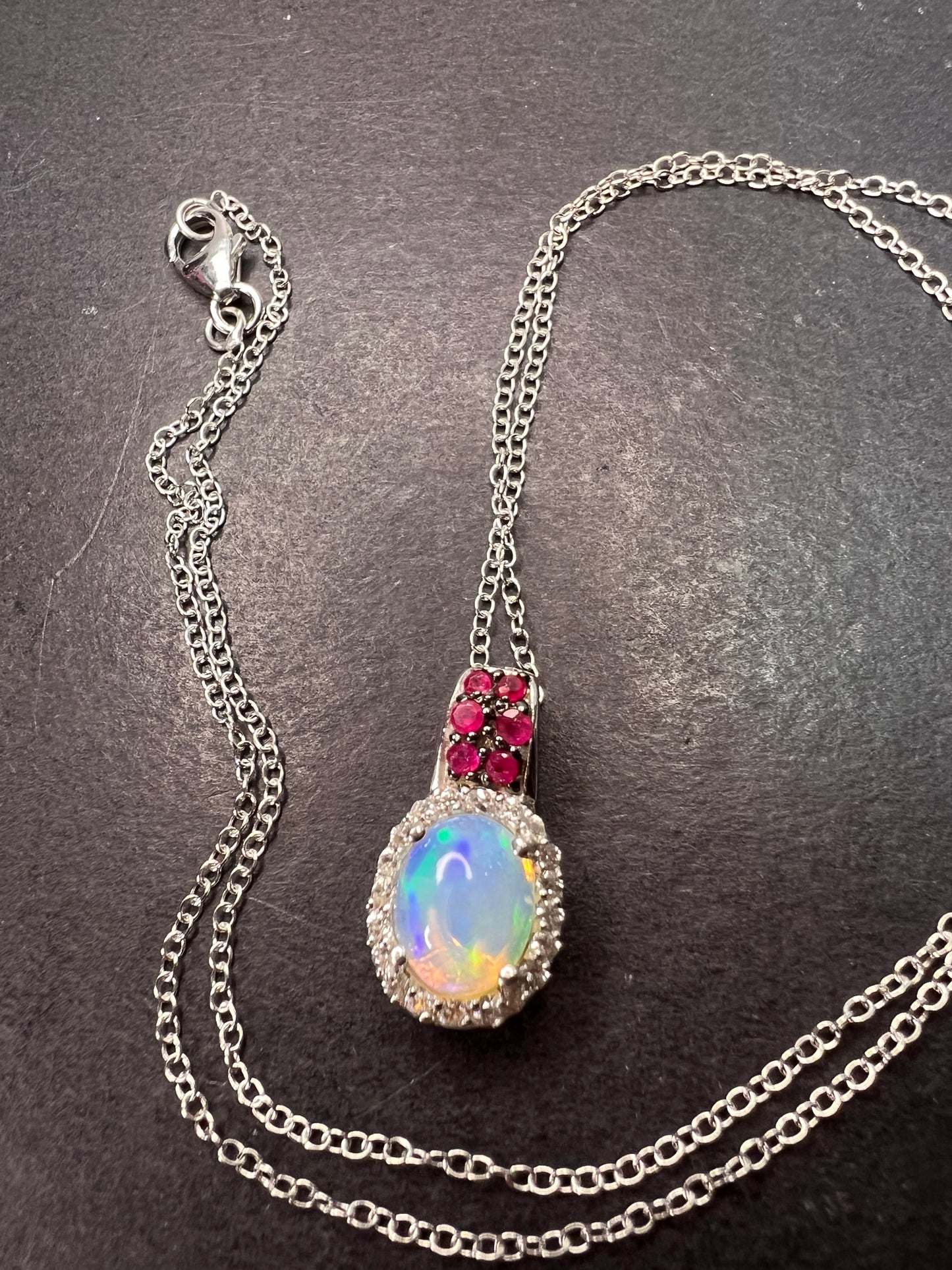 Ethiopian opal, ruby and zircon pendant and chain in platinum over sterling silver *NEW*