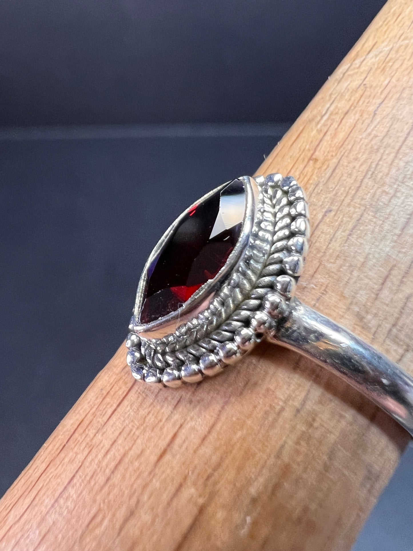Red garnet marquise gemstone sterling silver ring size 8