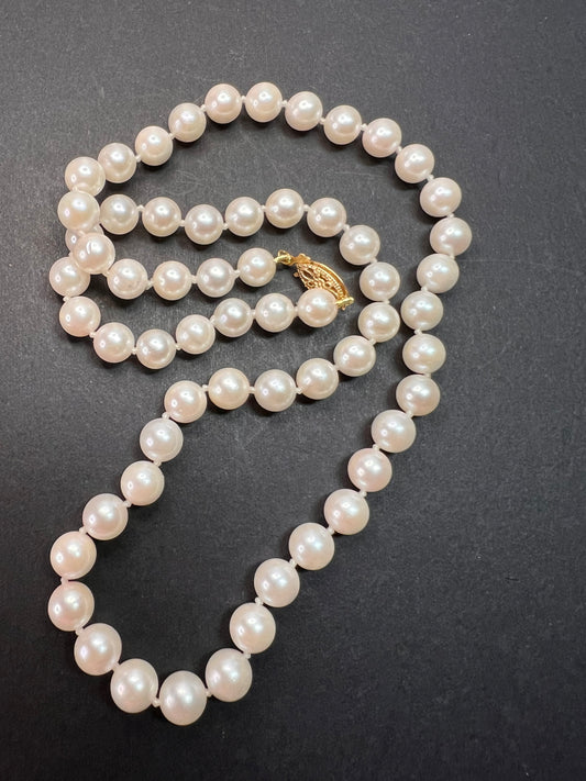 NEW vintage 7 mm white cultured pearl 18 inch necklace with 14k gold clasp