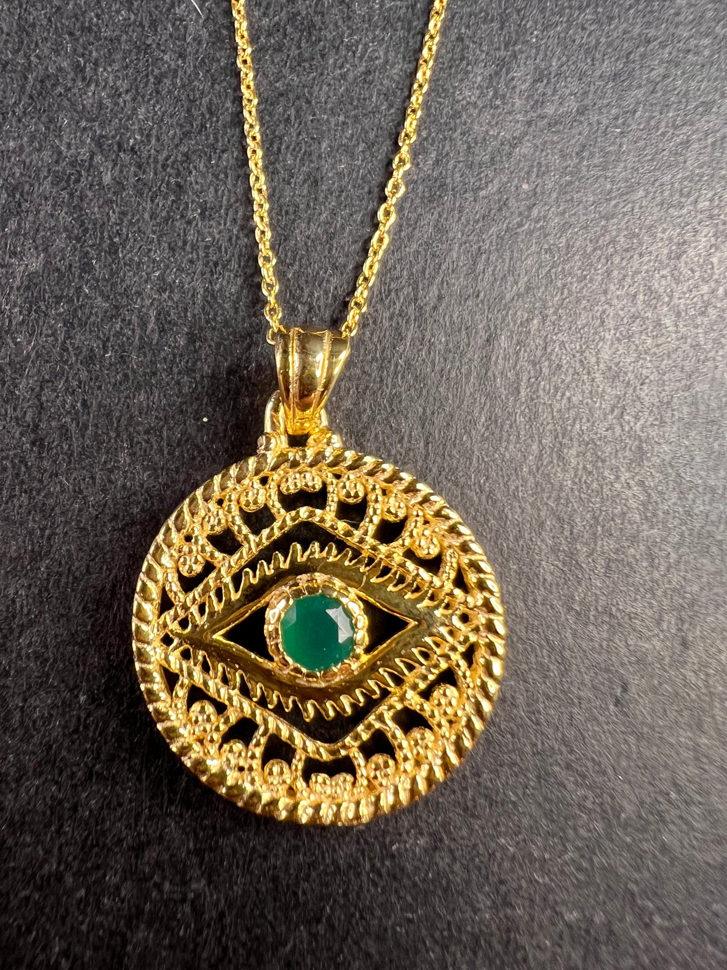NEW Green onyx evil eye pendant and chain in gold over sterling silver
