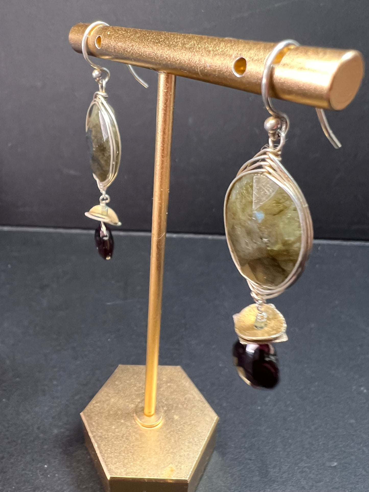 Labradorite and rhodolite garnet sterling silver dangle earrings