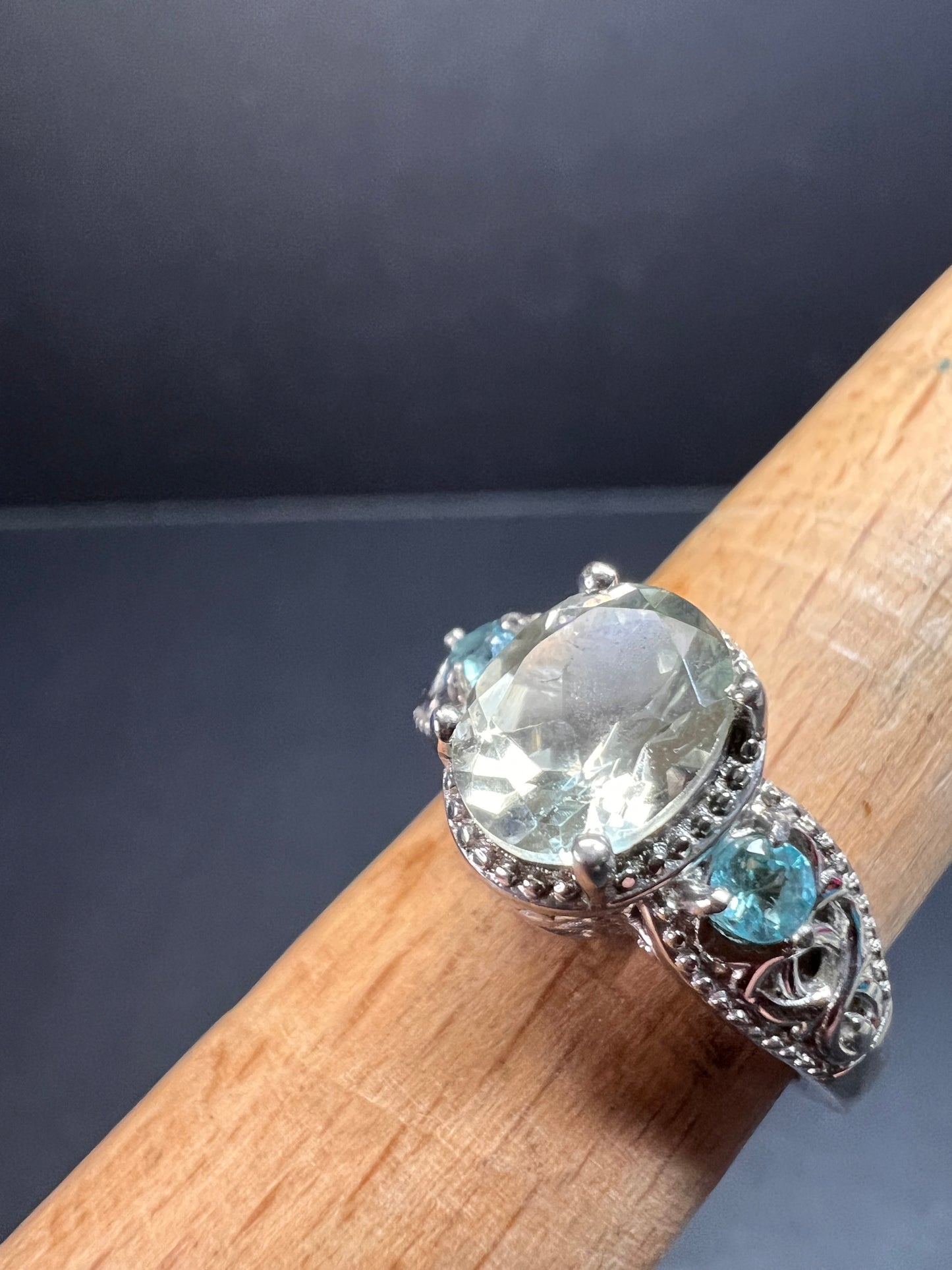 Prasiolite and apatite ring in platinum over copper size 8