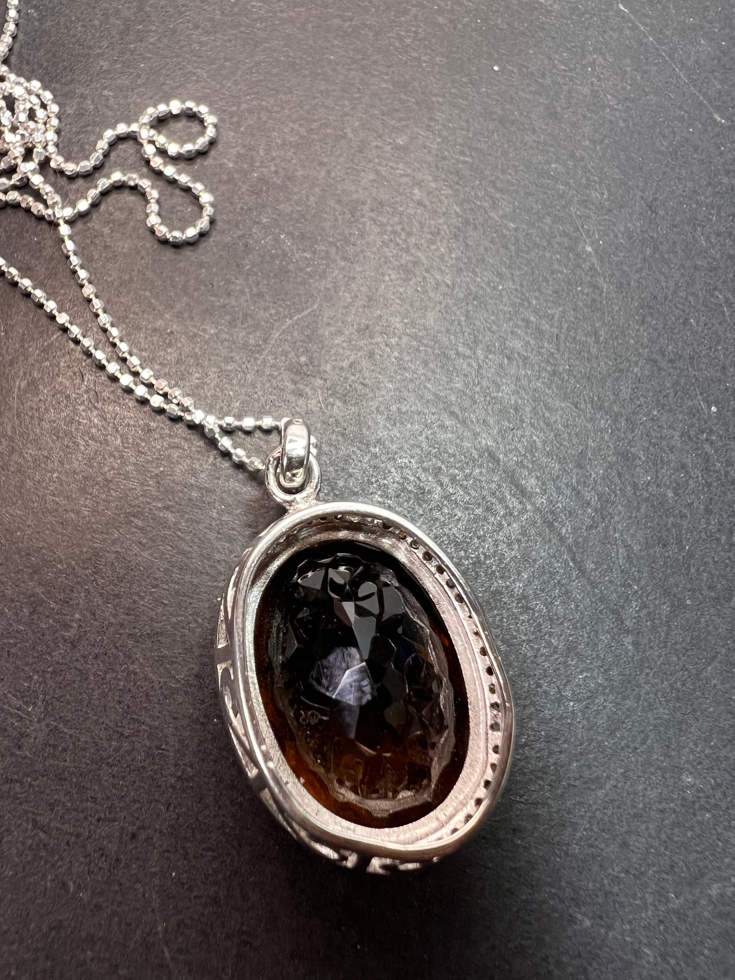 Cognac Quartz sterling silver halo pendant and chain