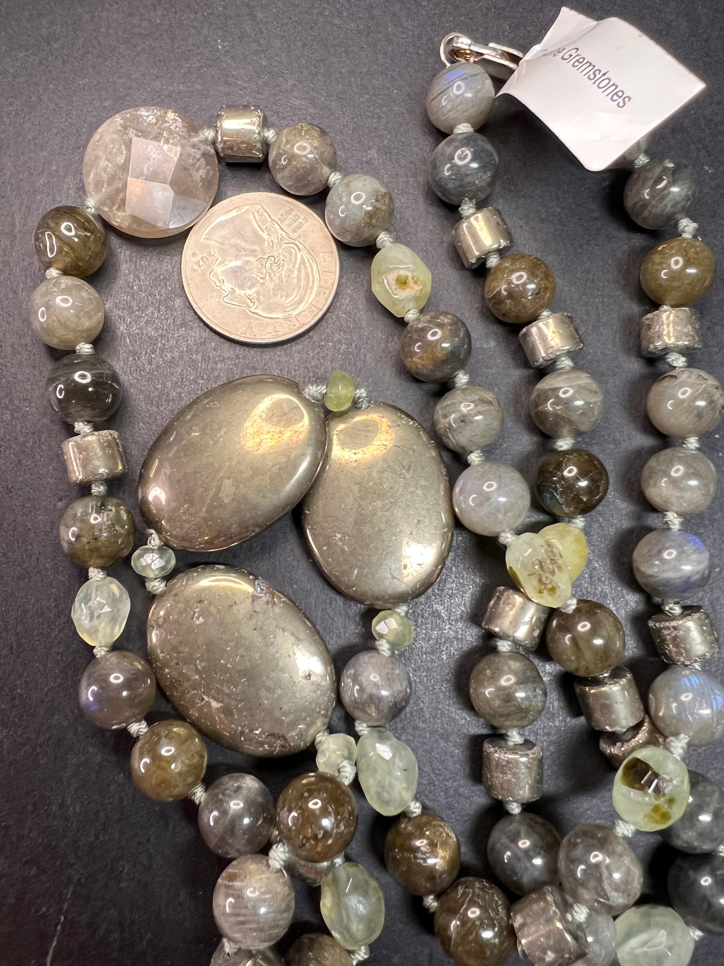 NEW pyrite and labradorite 32 inch necklace with sterling silver clasp