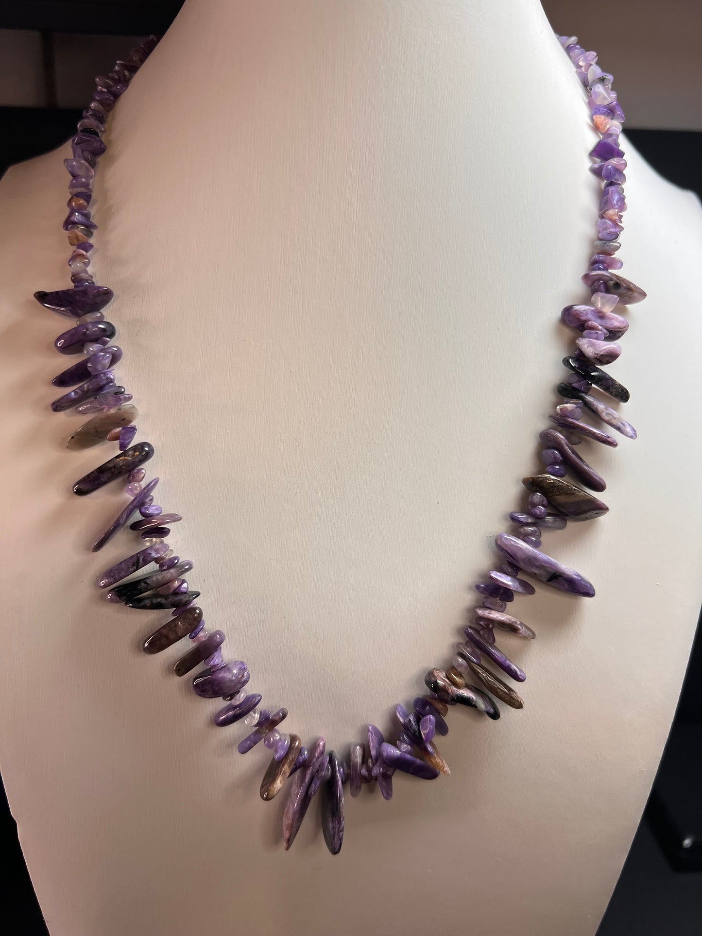 NEW charoite graduated chip beaded 20 inch necklace with stainless steel clasp