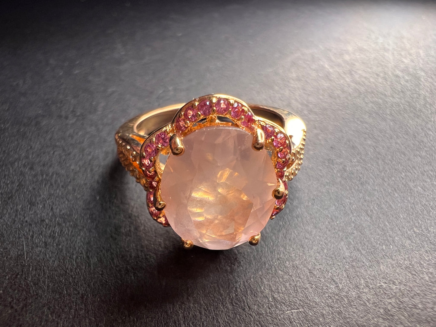 NEW Rose Quartz and lab pink sapphire rose gold over sterling silver ring size 8