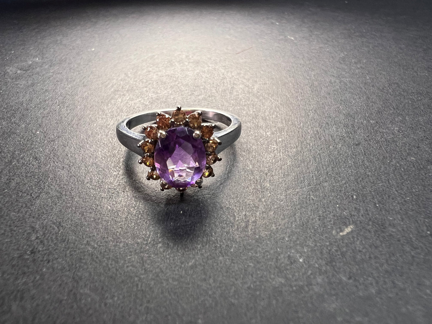 NEW Rose de France and brown zircon halo ring in platinum over sterling silver size 8