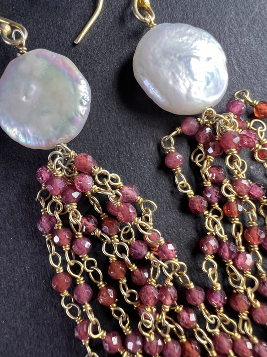 Freshwater pearl and garnet chandelier sterling silver earrings