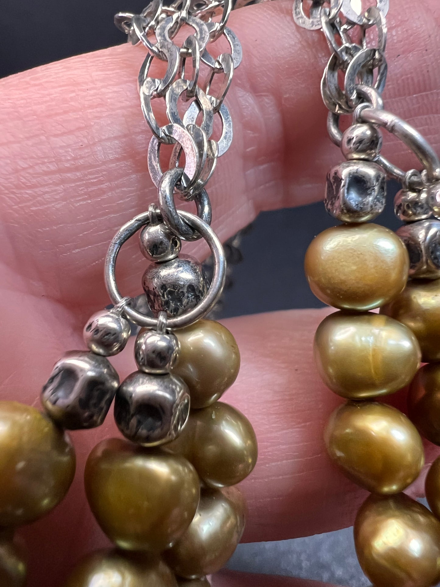 NEW golden green freshwater pearl and sterling silver necklace