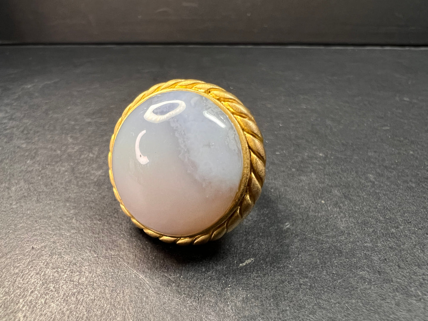 Glow By Sheila Fajl Signed Blue Agate Ring brushed 18kt Plated size 7