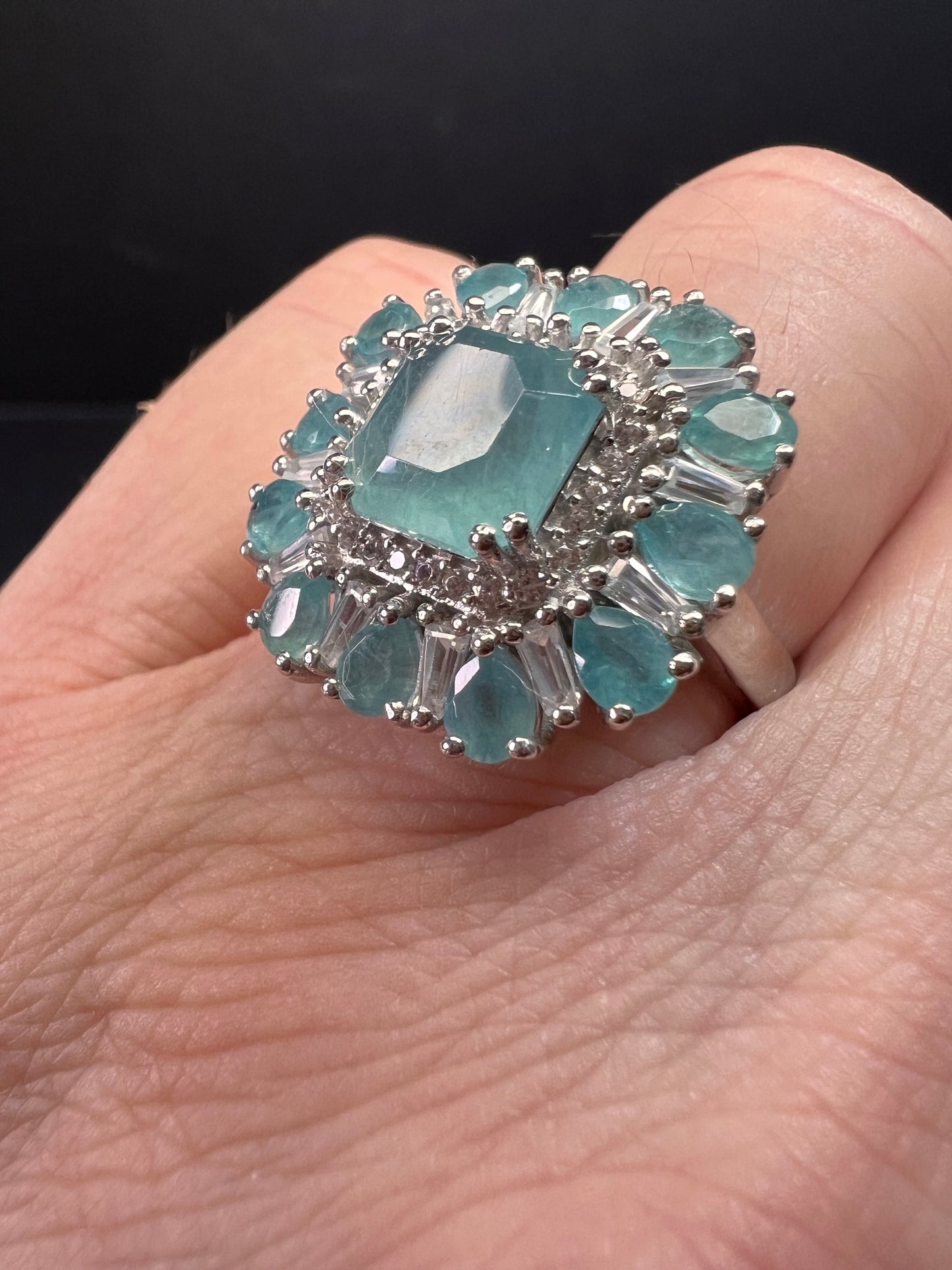 NEW grandidierite and zircon cocktail ring in rhodium over sterling silver size 7