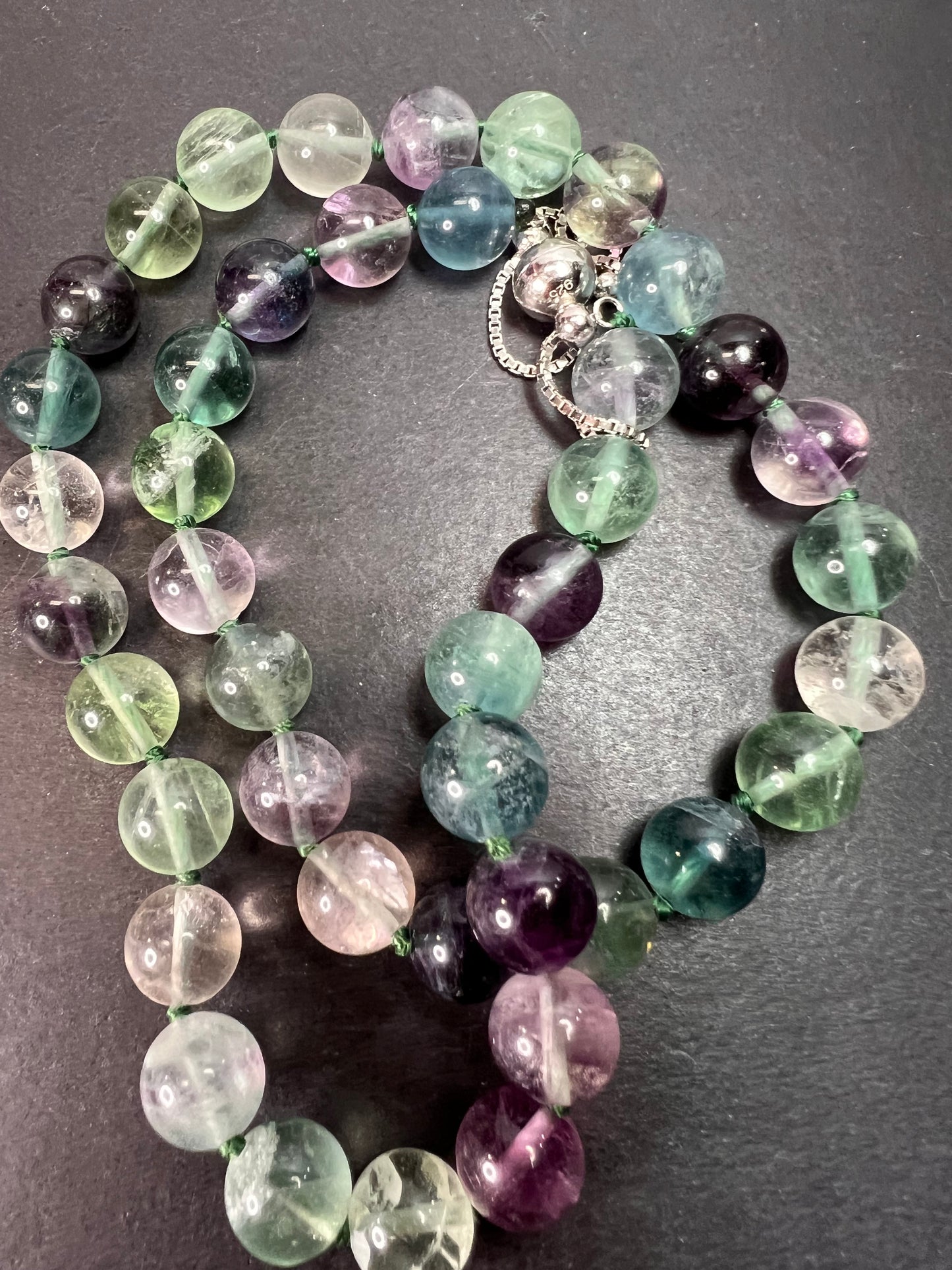 NEW Fluorite knotted beaded bolo necklace with sterling silver magnetic clasp