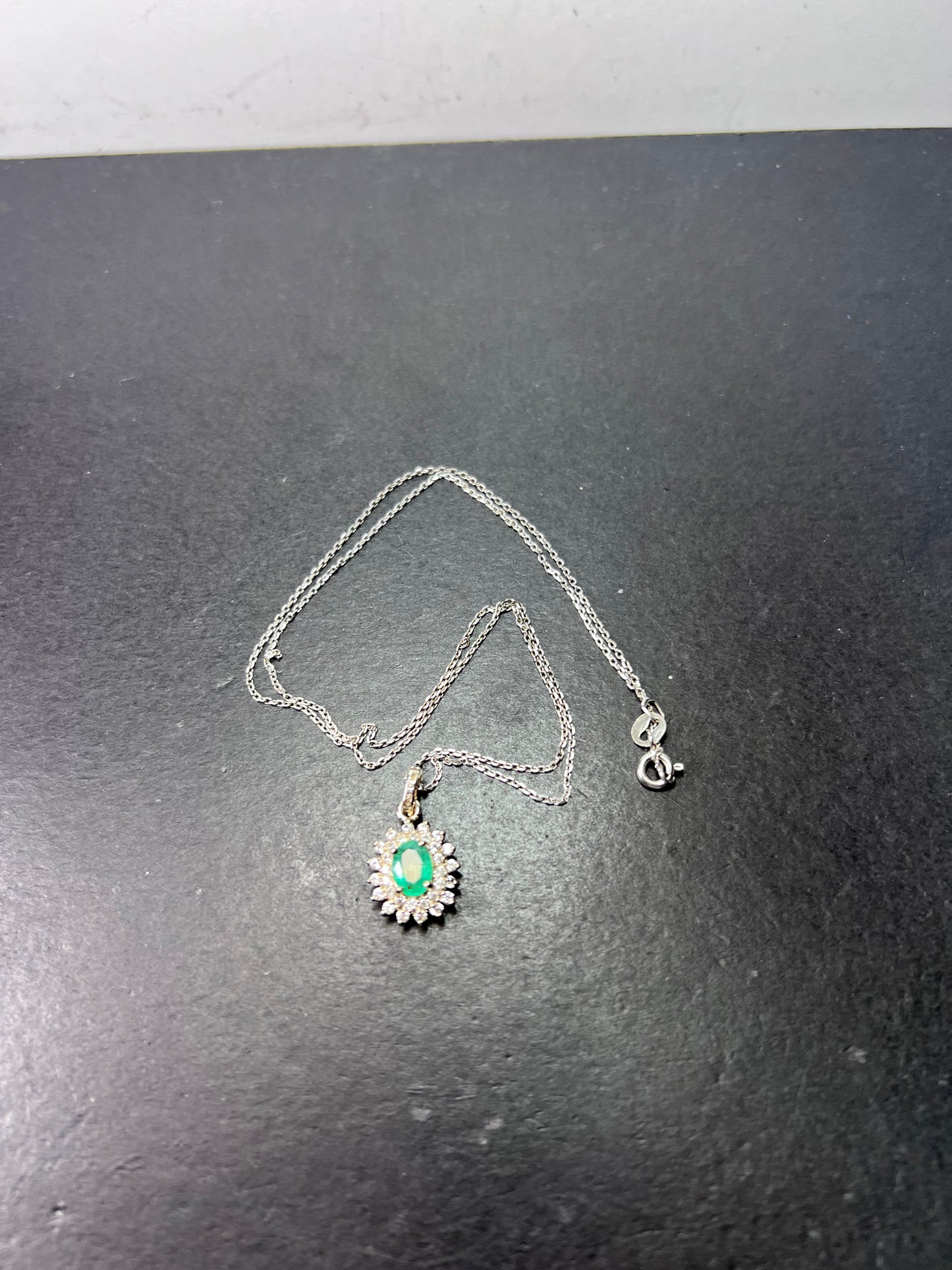 Zambian Emerald and White Zircon Sunburst Pendant Necklace 18 Inches in Platinum Over Sterling Silver 1.50 ctw