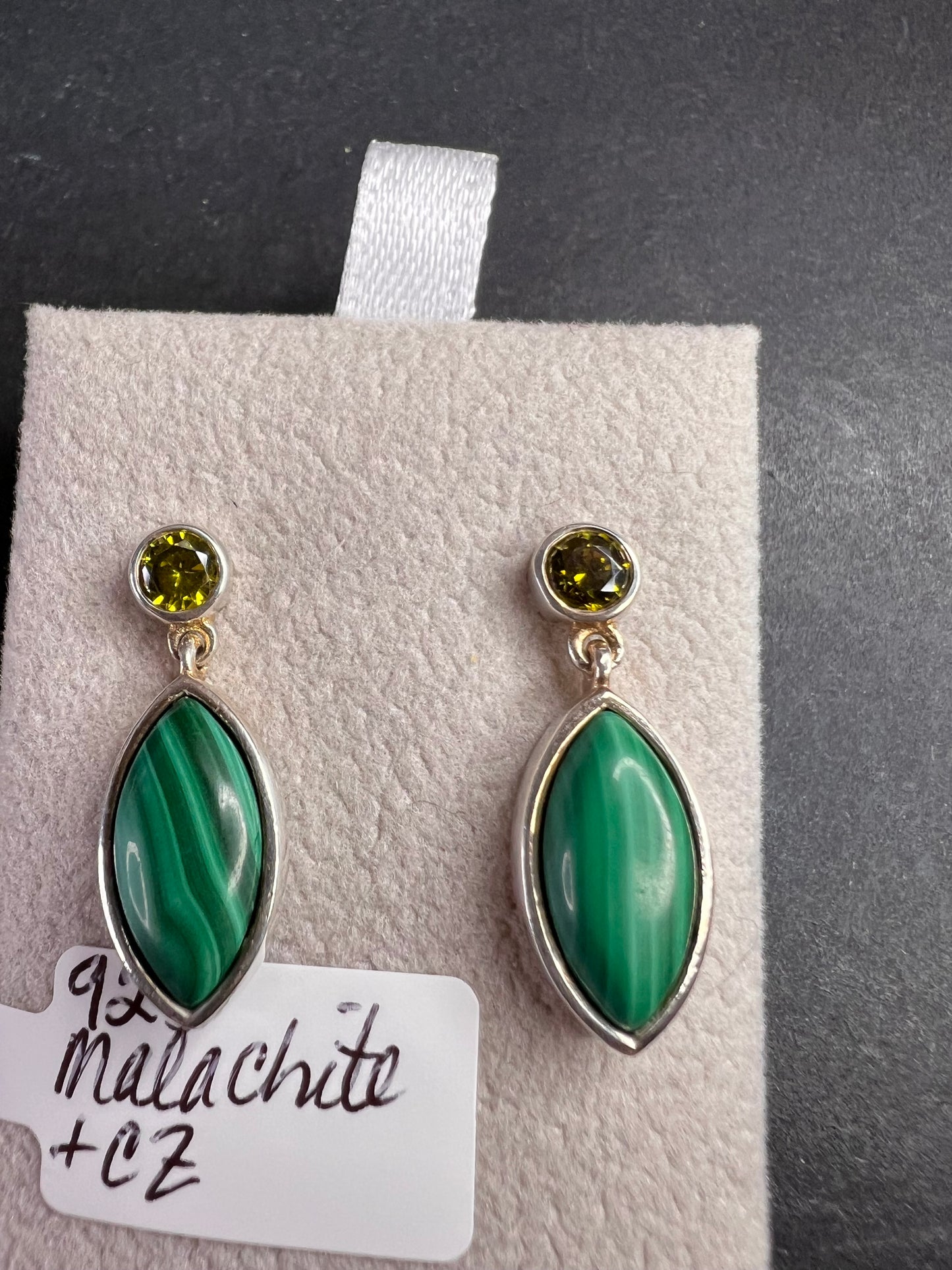 Malachite and olive CZ sterling silver marquise drop earrings
