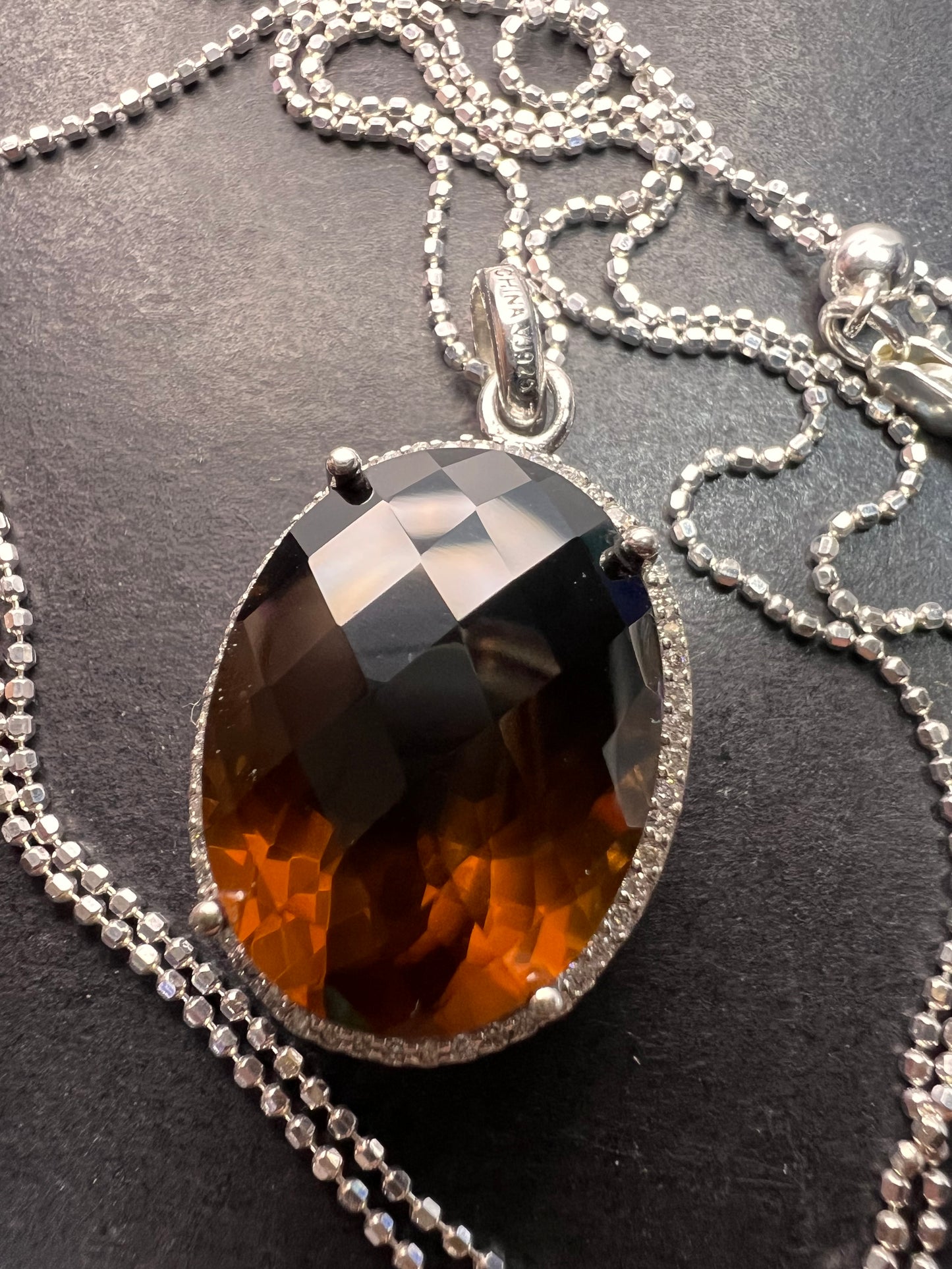 Cognac Quartz sterling silver halo pendant and chain