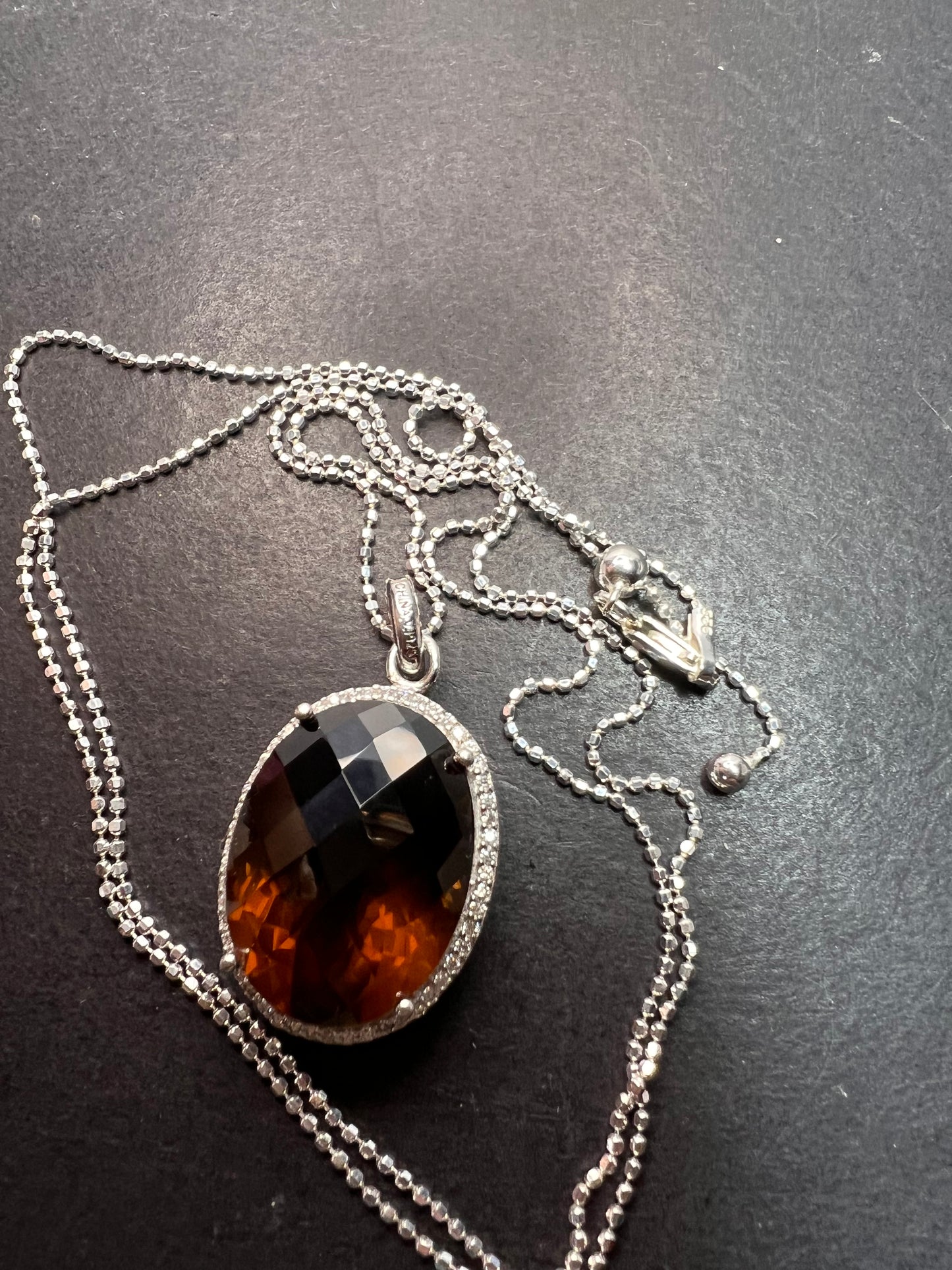 Cognac Quartz sterling silver halo pendant and chain