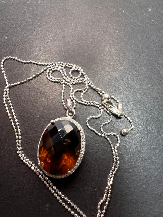 Cognac Quartz sterling silver halo pendant and chain