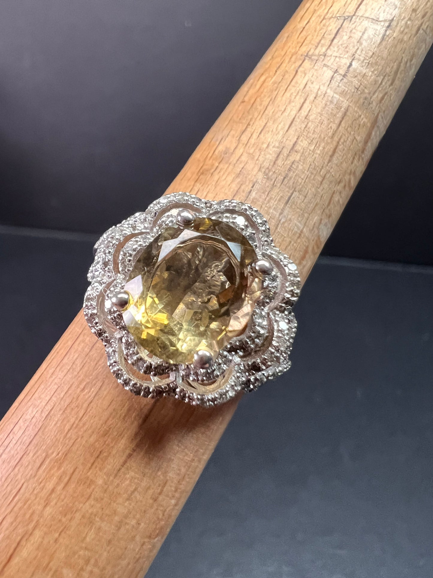 Citrine & Diamond Sterling Silver Scalloped Halo Ring Size 9