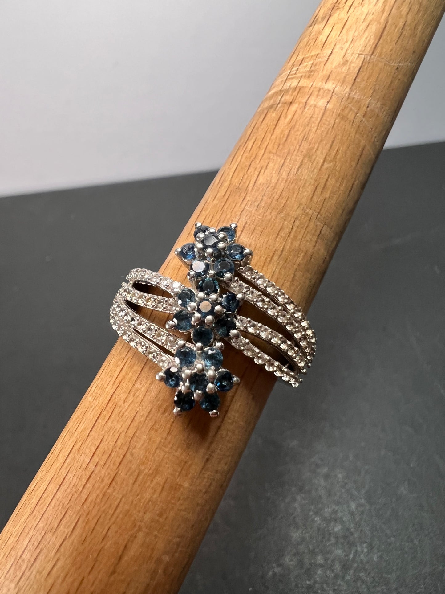Blue tourmaline and zircon bypass ring in sterling silver size 9