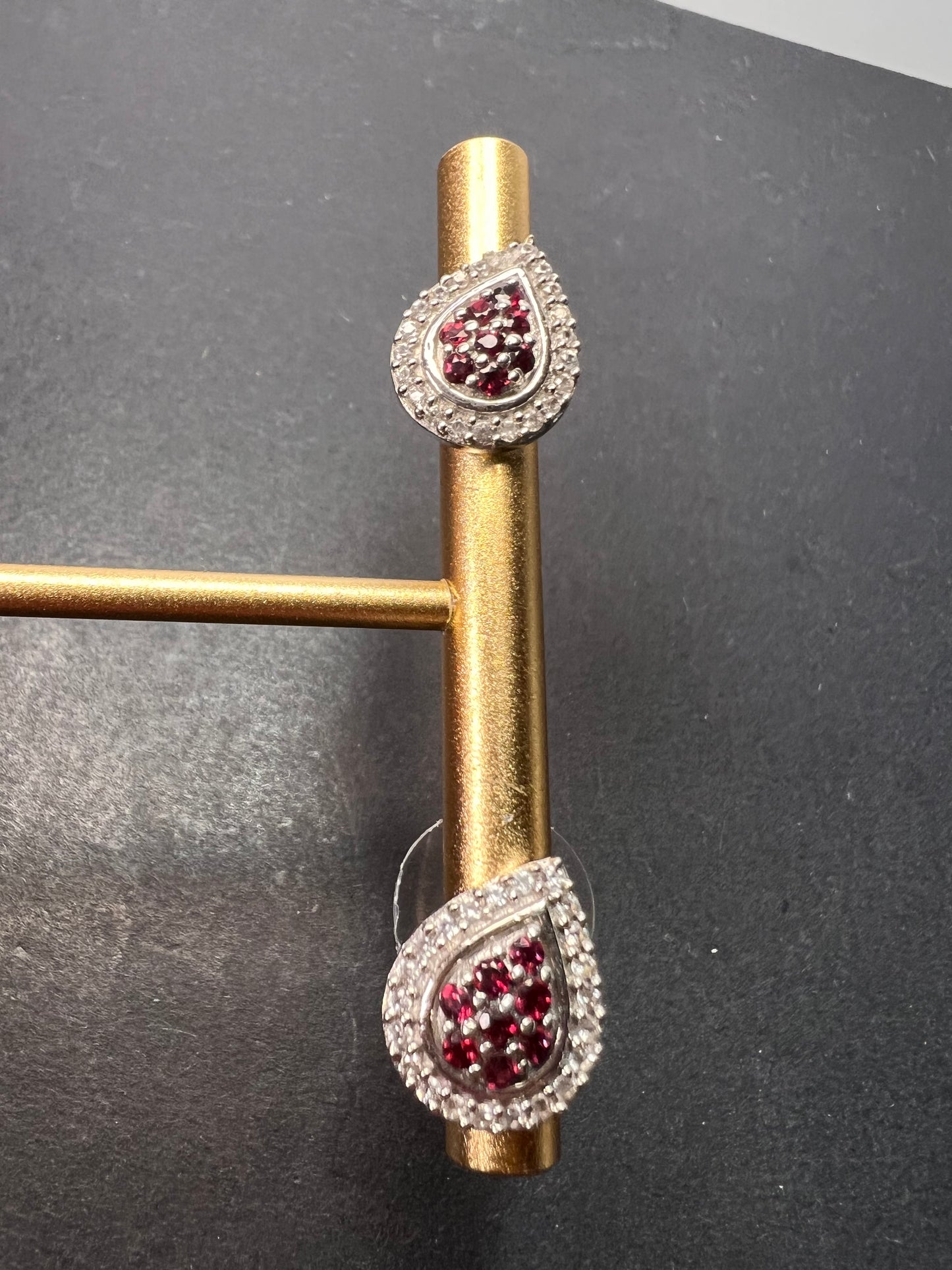 Rhodolite garnet and white topaz teardrop sterling silver post halo earrings